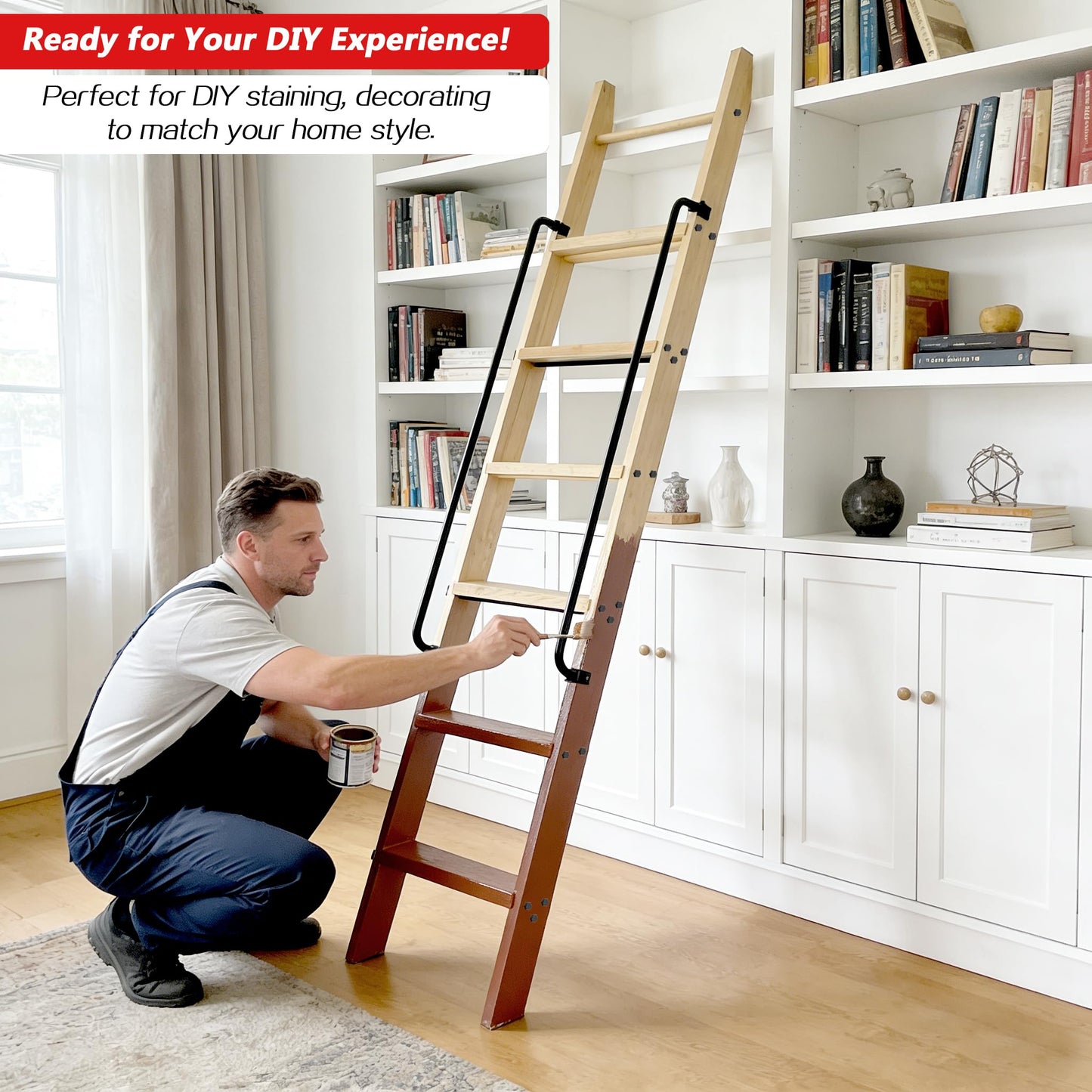 104RDHOUSE 87in Attic Rolling Library Ladder, 7 Step Wooden Ladder with,Ladder Bookshelf,Wall Stairs Red Oak Stair Platform Bunkbed Ladder,for Home Kitchen,Warehouses,Bookstore,DIY Stain