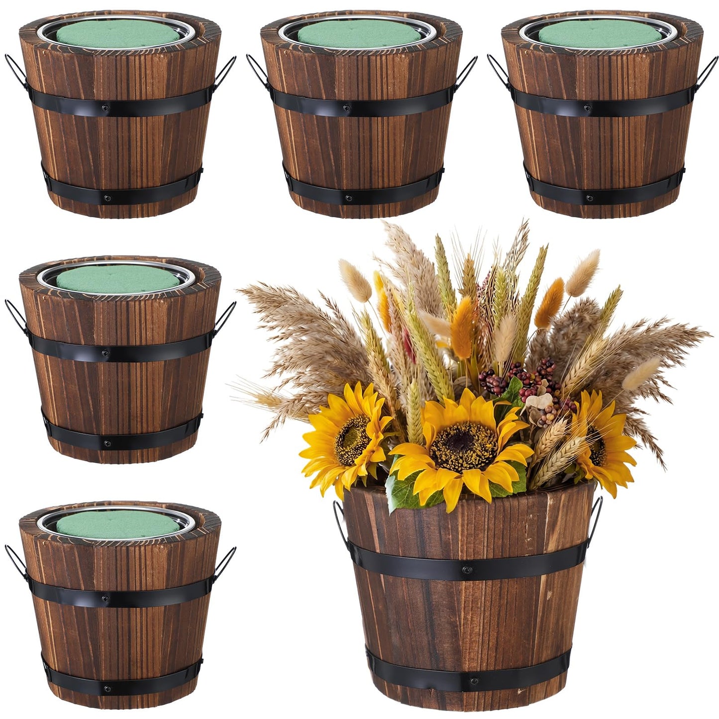 Remerry 6 Pcs Rustic Wood Barrel Planter Boxes with Removable Plastic Liners & Floral Foam Blocks, Farmhouse Decor for Wedding Table, Home, Garden, Kitchen & Party Centerpieces (Classic)