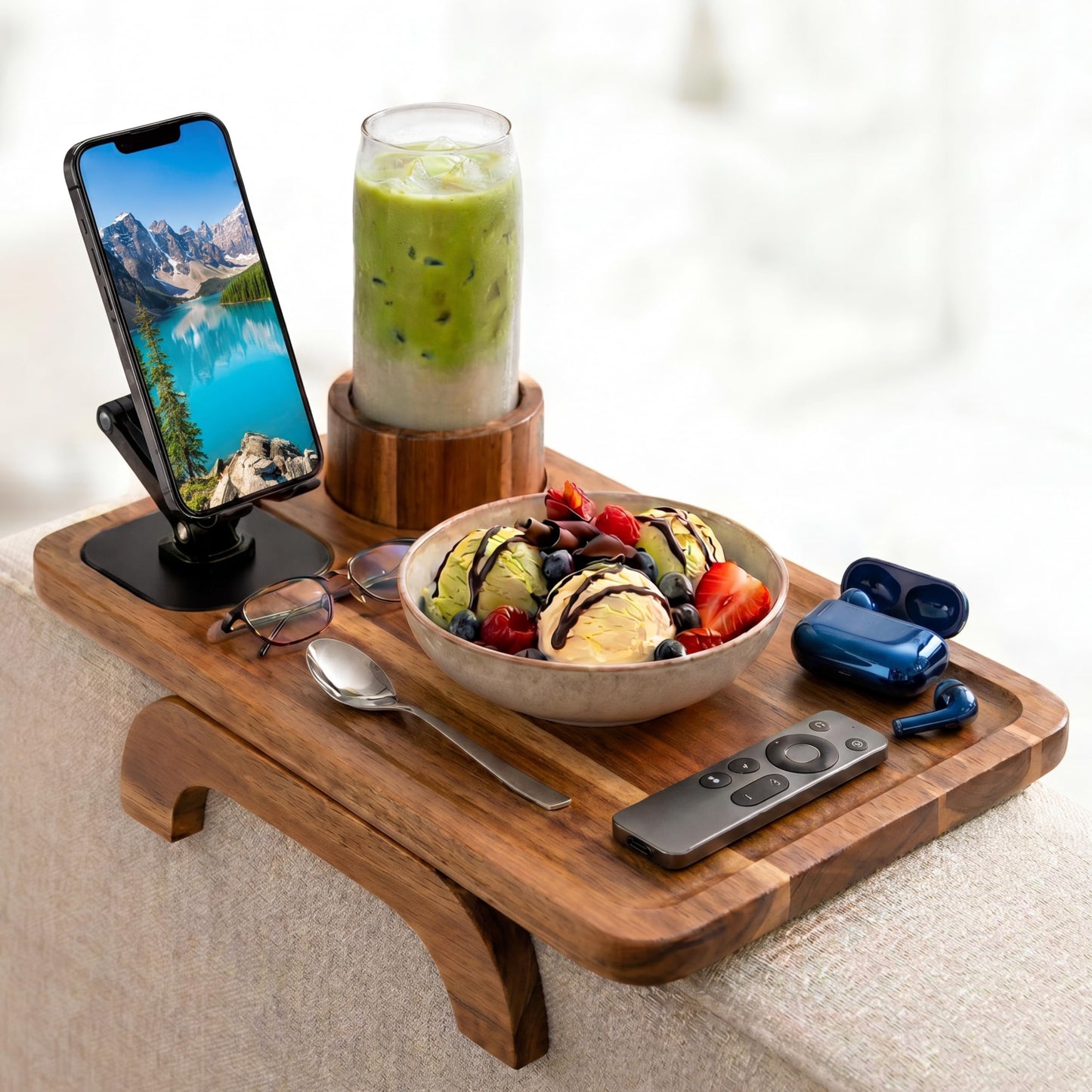 Nesture Living Couch Armrest Table with Cup Holder (15.31" x 9.65") - Acacia Sofa Arm Tray Organizer with Magnetic & 360° Rotating Phone Holder - Fits Couch Arm for Drinks, Snacks & Remote Control