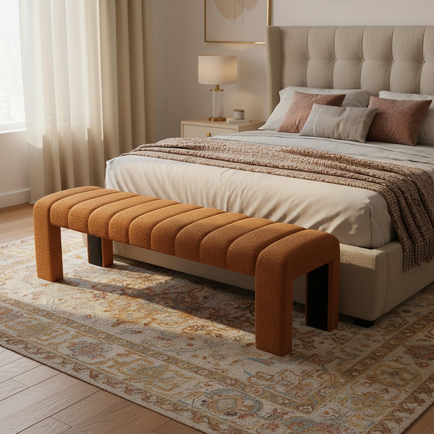 Christopher Knight Home Delan Boucle Upholstered Ottoman Bench, Wooden Entryway Bench, Long Sofa Footstool for Living Room, Bedroom End of Bed Bench, Orange