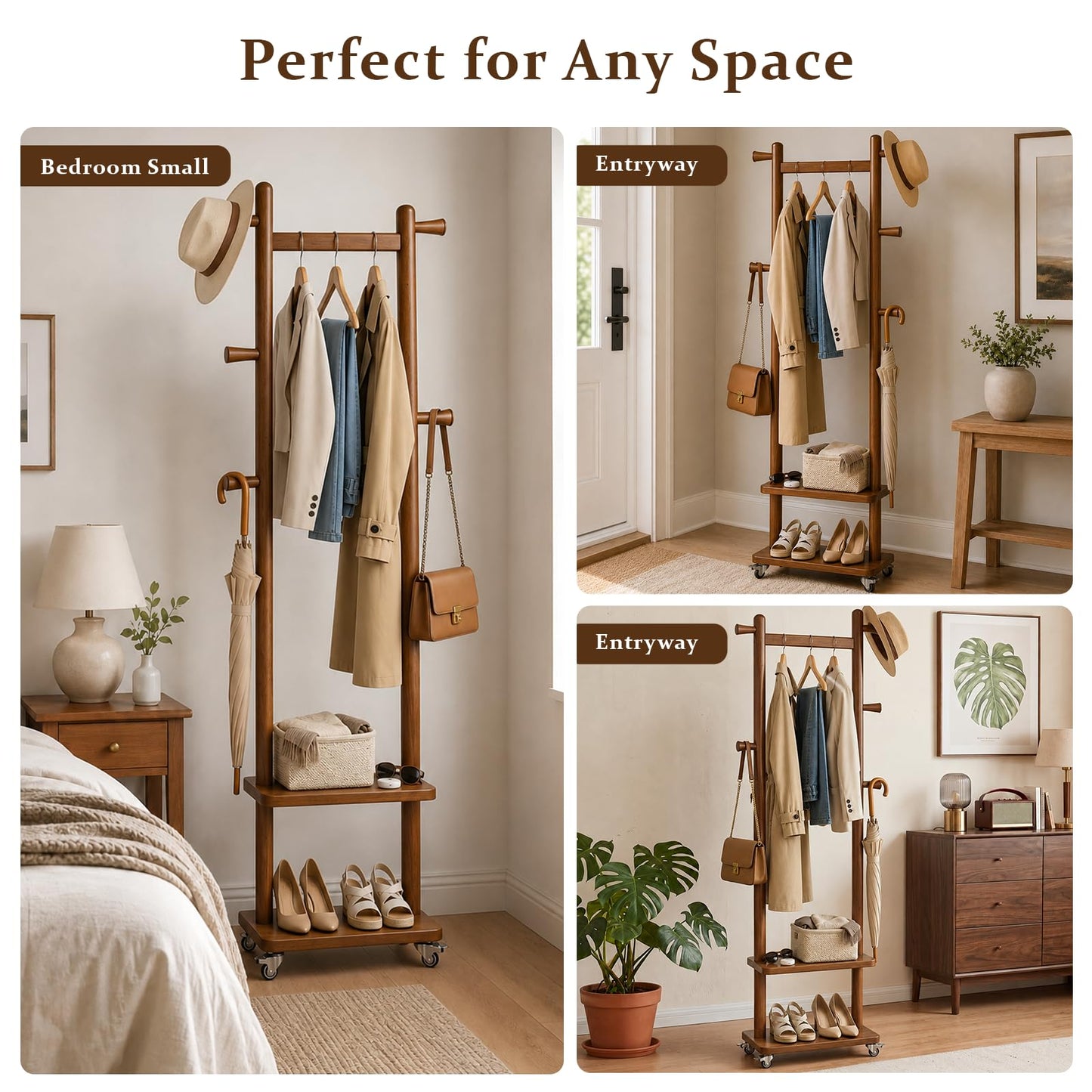 Solid Wood Coat Rack Freestanding Clothing Rack with Wheels & 2 Shelves Storage & 5 Hooks Heavy Duty Clothes Rack Wood Coat Tree Stand Hat Hanger Rack for Corner Bedroom Entryway Living Room Hotel