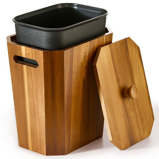 BLUEWEST 2.6 Gallons Acacia Wooden Bathroom Trash Can with Lid & PP Liner – Small Wastebasket with Handle, Decorative Wood Bin for Bedroom, Office or Under Counter Use