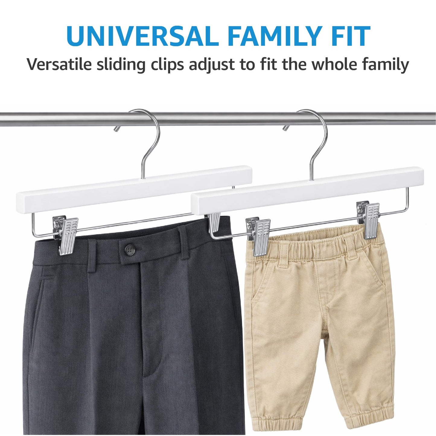 ZOBER Wooden Pants Hangers with Clips - 10 Pack Premium Wood Skirt Hangers for Women, Heavy Duty Wooden Hanger with Adjustable Metal Grip Clips for Jeans and Shorts, Smooth Finish White