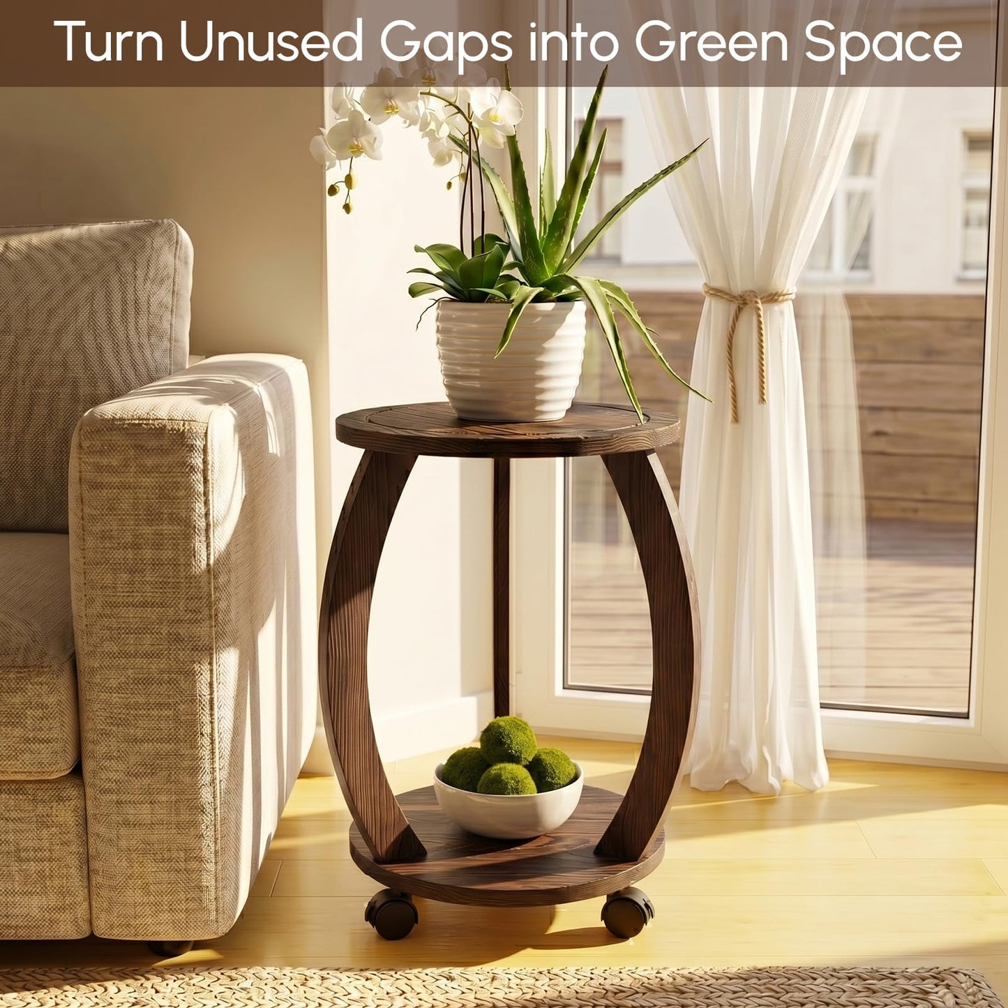 WooOrganix 2 Tier Wooden Plant Stand Indoor with Wheels – Tall Plant Stand for 6-12 Inch Pots, Mid-Century Modern Rustic Plant Table Indoor, Pedestal Stand for Corner, Living Room, Balcony, Dark Brown