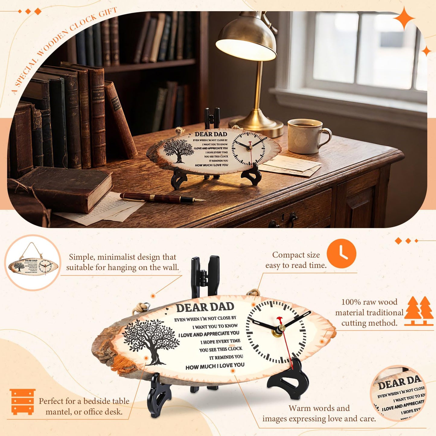Kenning 3 Pcs Dad Gifts for Fathers Day from Daughter Son, Daddy Birthday Gifts Includes Wooden Clock, World's Best Dad Card and Black Gift Bag for Daddy Papa Fathers Day Present
