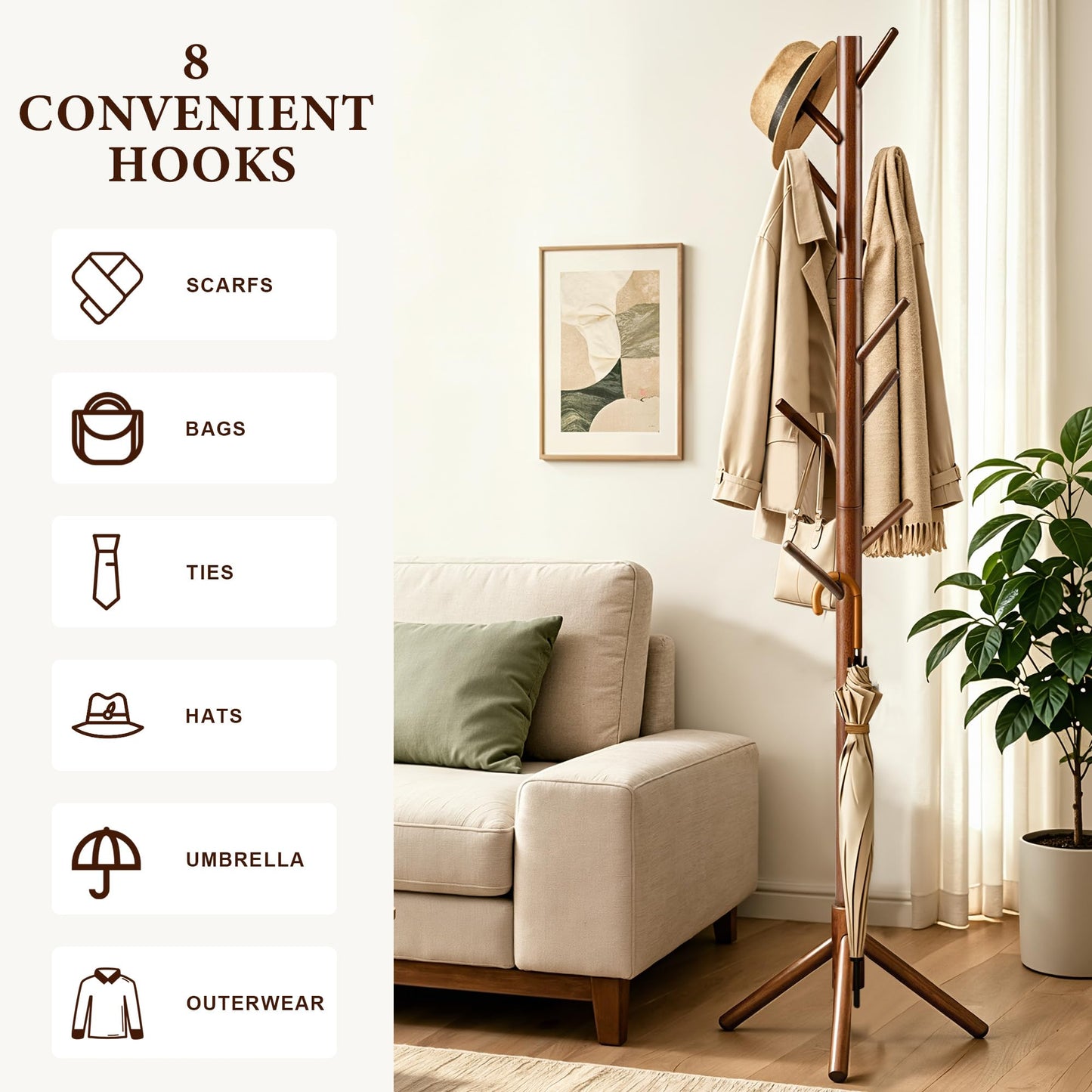 Freyawin Wooden Coat Rack Freestanding with 8 Hooks & 3 Adjustable Sizes for Clothes, Space-Saving Design for Bedroom Office Entrance Holds Hats Coats Scarves Bags