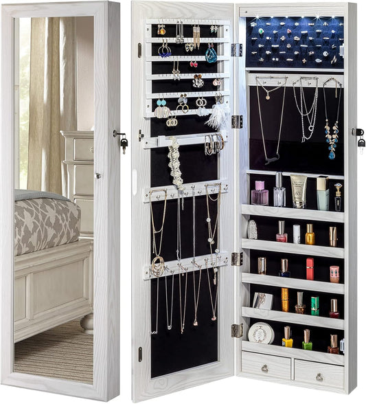 BTEXPERT 47" Mirror Jewelry Cabinet Armoire with 6 LED Lights, Large Full Length Jewelry Organizer with Storage, Wall-Mounted or Door-Hanging Mirror Cabinet, Dove White, Lock Key