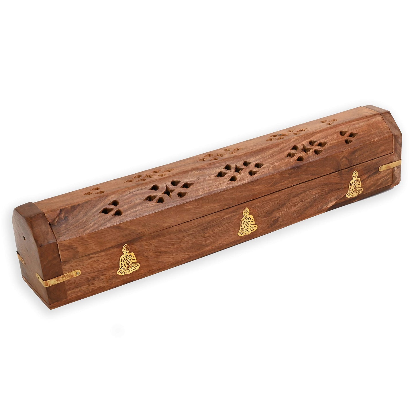 Incense Garden Pack of 2 Incense Stick Holder - Coffin Style - Wood Incense Stick Burner with Buddha Inlays (Natural) Handmade with Brass Inlays