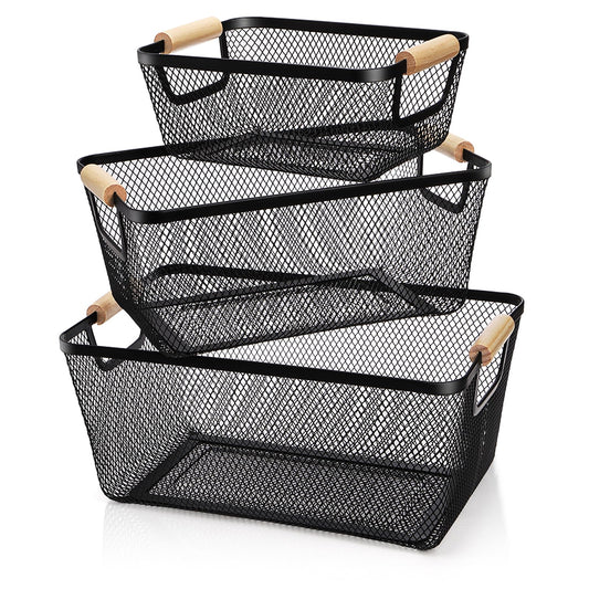 Noamus 3 Pack Metal Mesh Basket with Wooden Handle, Farmhouse Wire Steel Storage Bins, Rectangle Fruit Vegetable Organizer Containers for Home Cabinet Pantry Kitchen Decor, Snack Gift (Black, 3 Size)