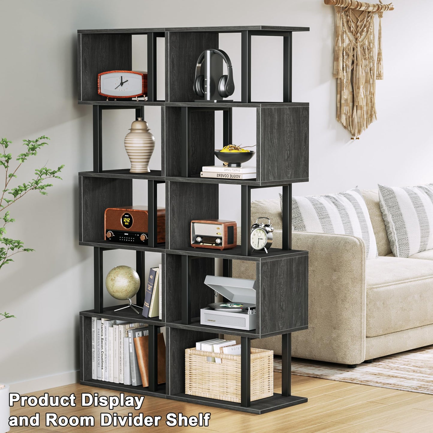 Furologee 6 Tier Bookshelf Tall Geometric Bookcase, S Shaped Industrial Display Standing Shelf, Metal and Wood Decorative Storage Room Divider Rack for Bedroom, Living Room, Office, Light Black Oak