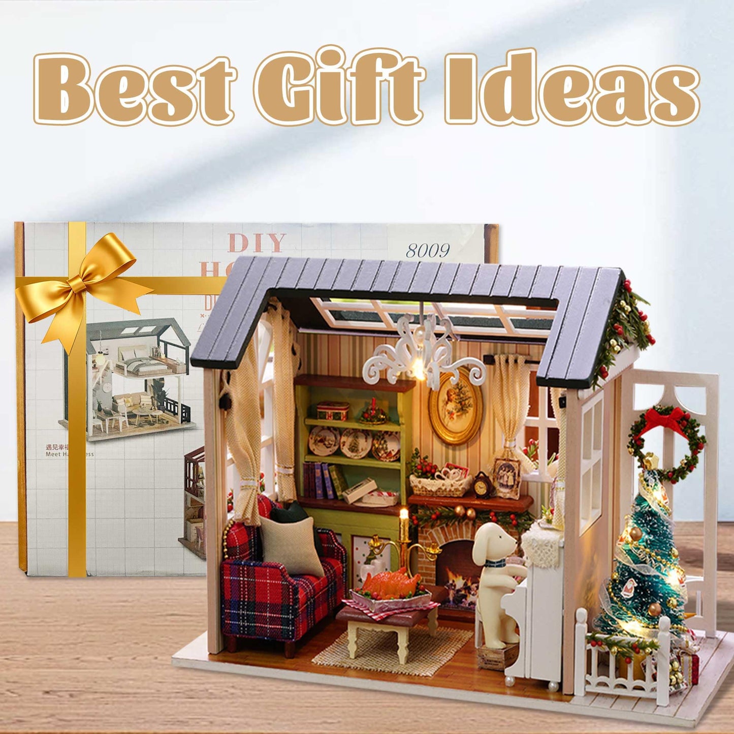 Kisoy Dollhouse Miniature with Furniture Kit, DIY 3D Wooden DIY House Kit with Dust Cover, Handmade Tiny House Toys for Teens Adults Gift（8009&17PCS Model Kit Tools