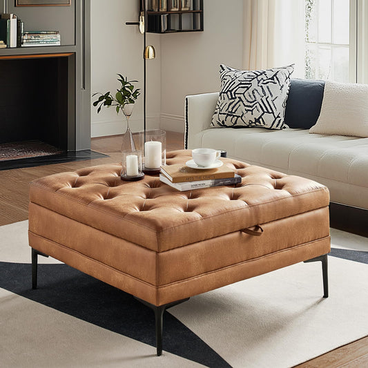 HULALA HOME Faux Leather Coffee Table, 36.5" Square Storage Ottoman with Metal Legs, Button-Tufted Coffee Table with Storage for Living Room, Camel