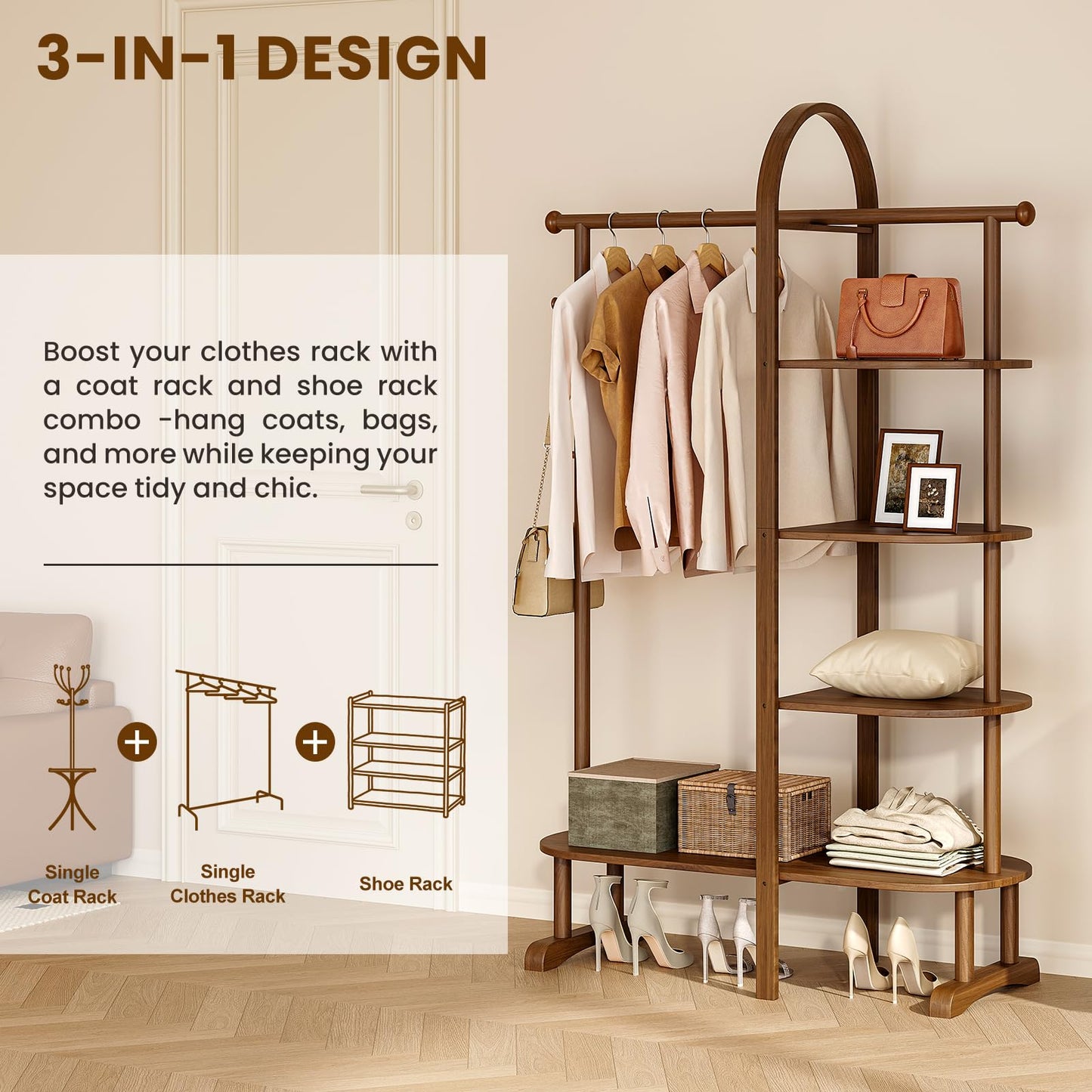 HOTAMO 41.3" Wide 3-in-1 Freestanding Clothing Rack, Wooden Coat Rack with 4 Shelves and 5 Hooks, Solid Rubber Wood Coat Rack with Shelves for Entryway, Bedroom, Living Room, Walnut