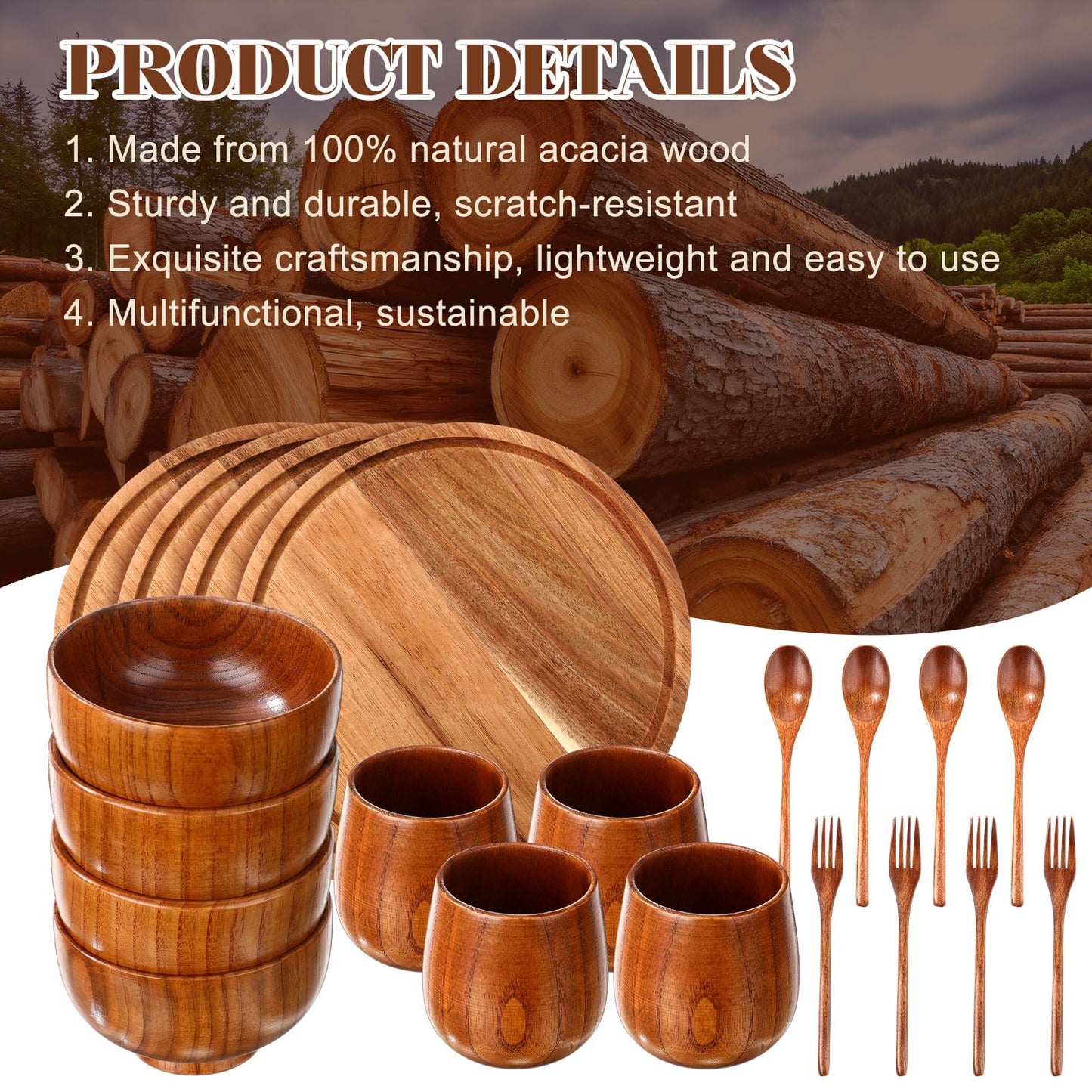 Acellegic 20 Pcs Acacia Wood Dinnerware Set 10 Inch Round Wooden Plates Bowls Tea Cups Fork Spoons Acacia Wood Tableware Supplies Easy Cleaning Lightweight for Dishes Snack Dessert, 4 Set