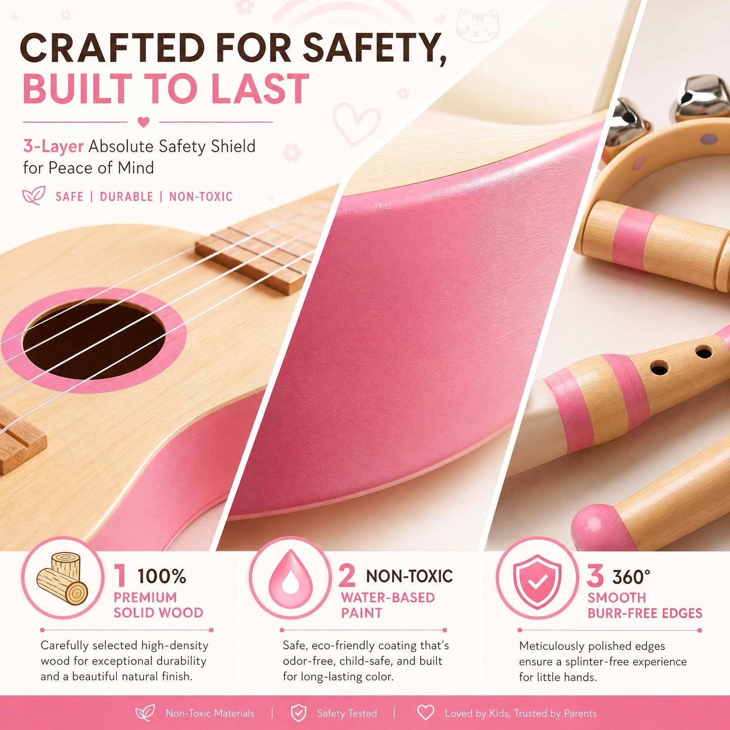 Soundo Kids Musical Instruments Set - 7P Toddler Ukulele for 2+ Year Old Boys Girls, Birthday Gifts for Kids 2 - 5, Christmas Wooden Toys, Party Kit with Ukulele, Maracas, Tambourine (Pink)