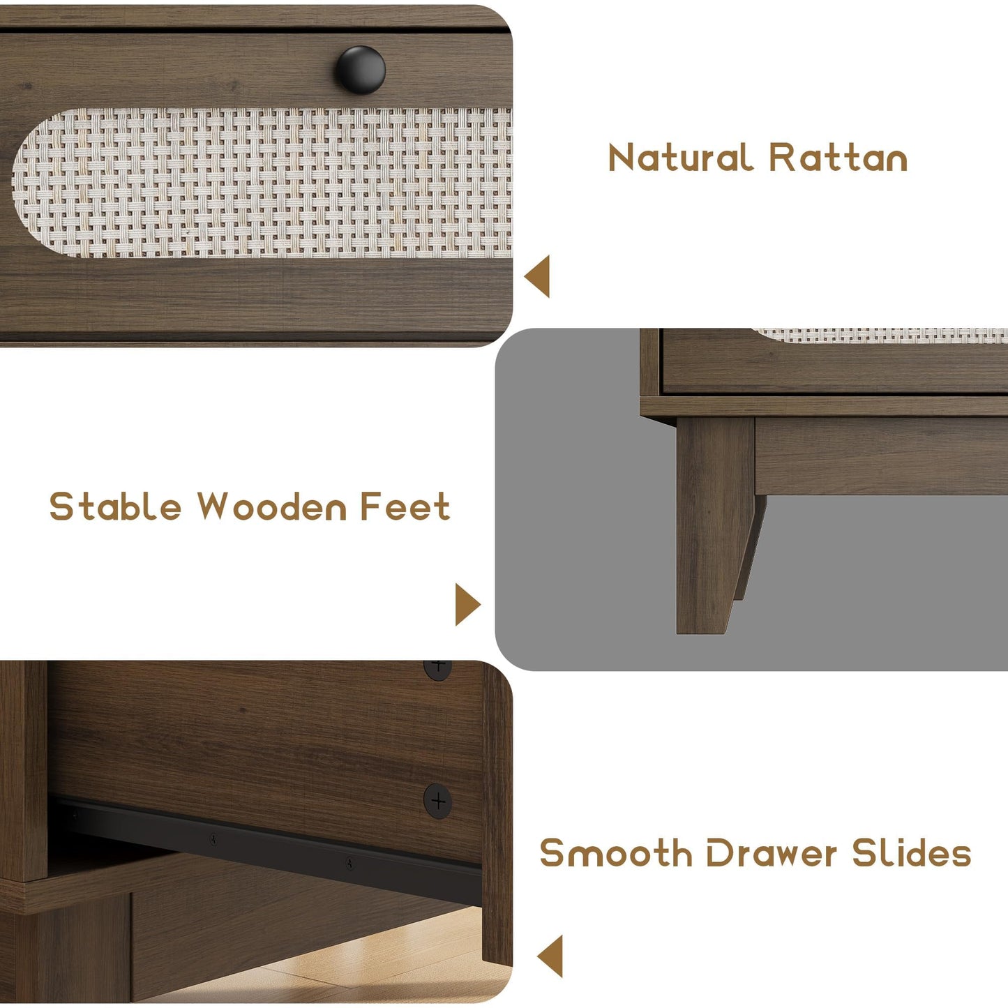 GarveeLife Rattan 6-Drawer Storage Dresser with USB Ports and Power Outlets, Wooden Chest for Bedroom and Living Room, Natural Oak Finish
