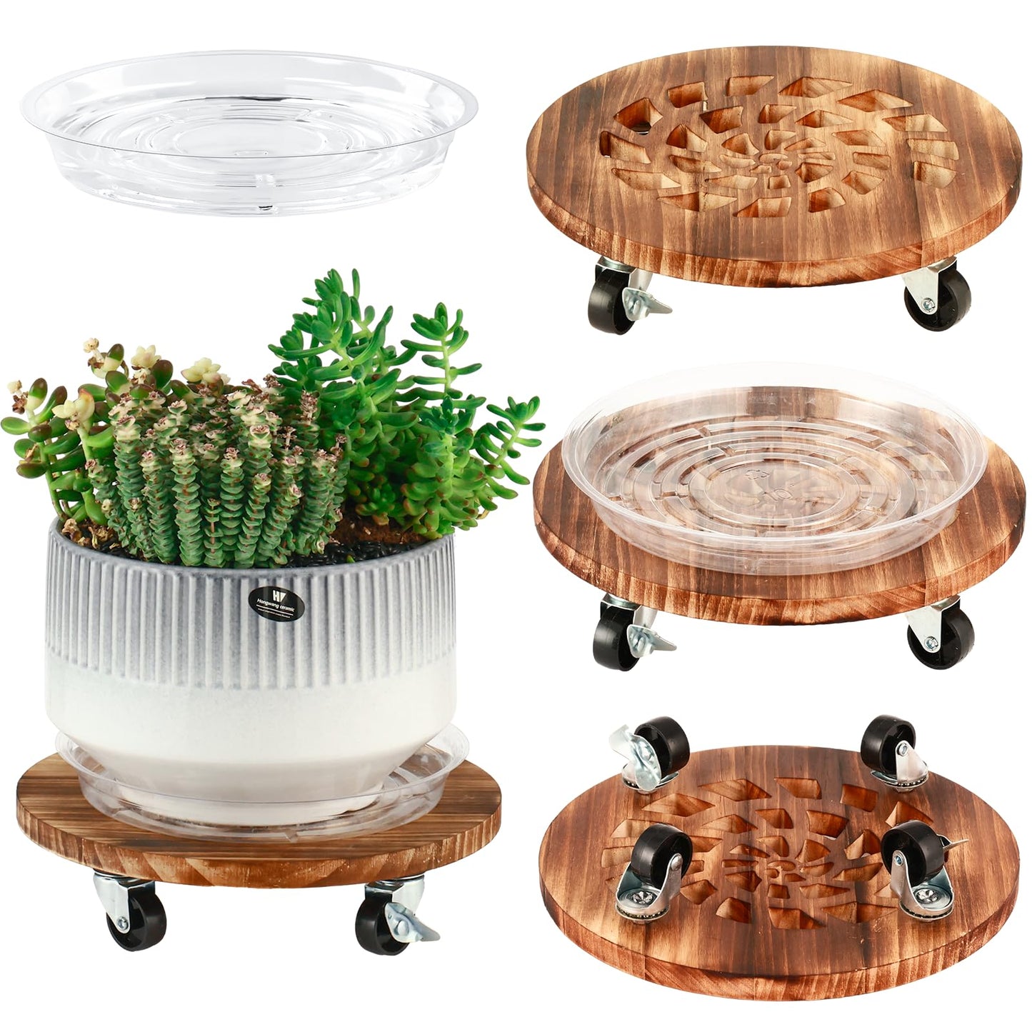 4 Pack Plant Caddy with Wheels Heavy Duty 12 Inch Wooden Plant Stand with Wheels Plant Dolly Rolling Plant Stand Plant Roller with Casters for Indoor and Outdoor with 4 Pack Plant Saucers, Round