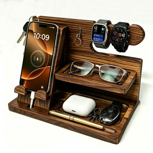 Iswabard Gifts for Men Wood Phone Docking Station Birthday Gift for Men Valentines Day Gifts Father Gift for Him Boyfriend Nightstand Organizer Desktop Phone Stand (Update Brown)