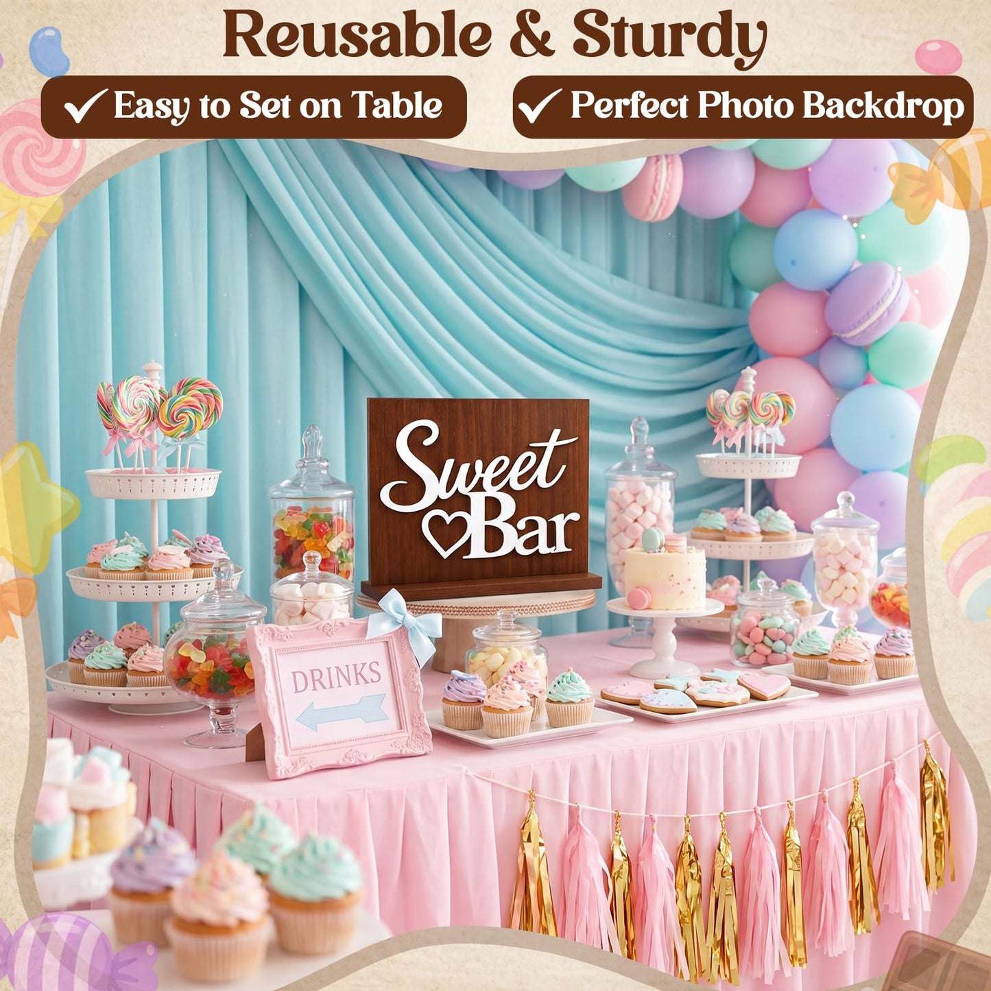 Novabright Sweet Bar Wooden Sign with Rustic Wood Backboard & Stable Base, Freestanding Sweet Candy Bar Dessert Table Decor, Centerpiece with Stand for Wedding, Birthday, Bridal Shower & Party