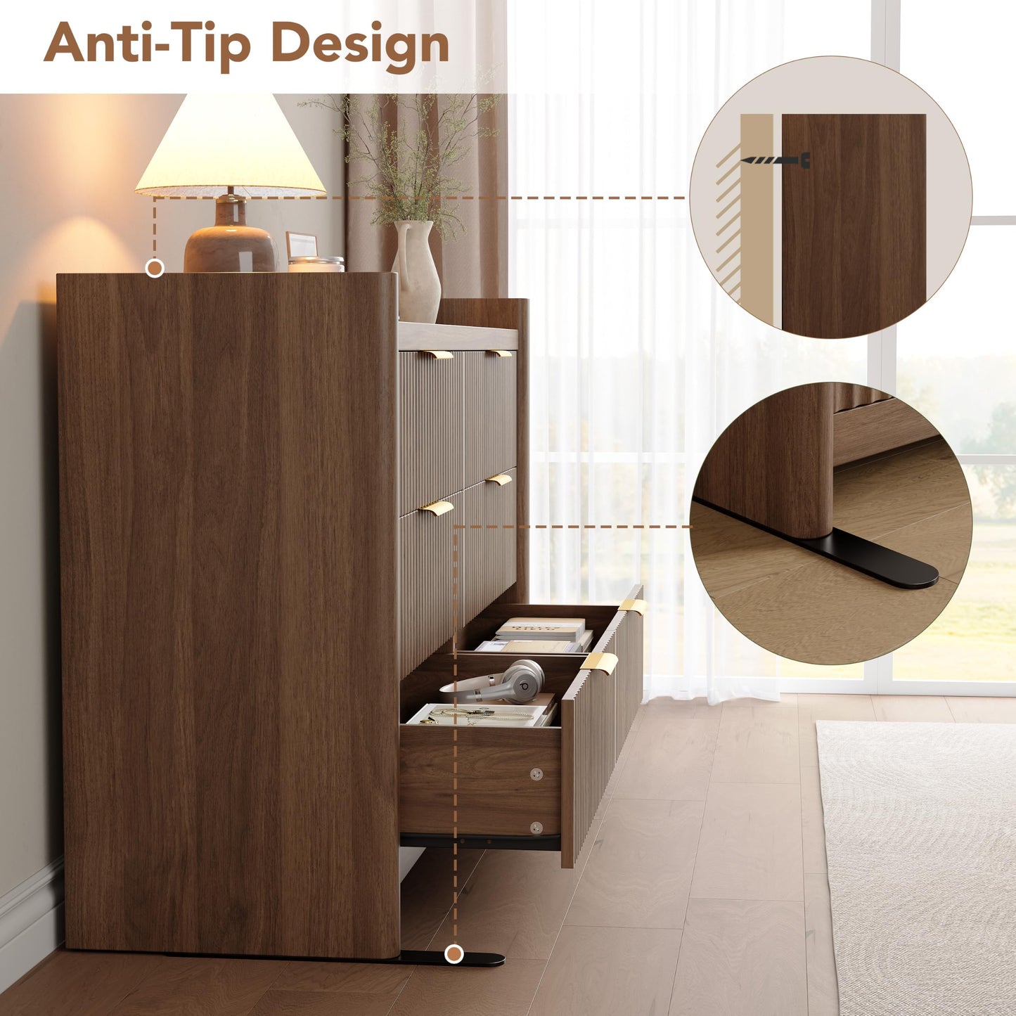 Decofy 6 Drawer Dresser for Bedroom, Fluted Dressers with Rounded Edge & Raised Lip Top, Anti-Tip Chest of Drawers for Living Room, Hallway, Entryway, Walnut