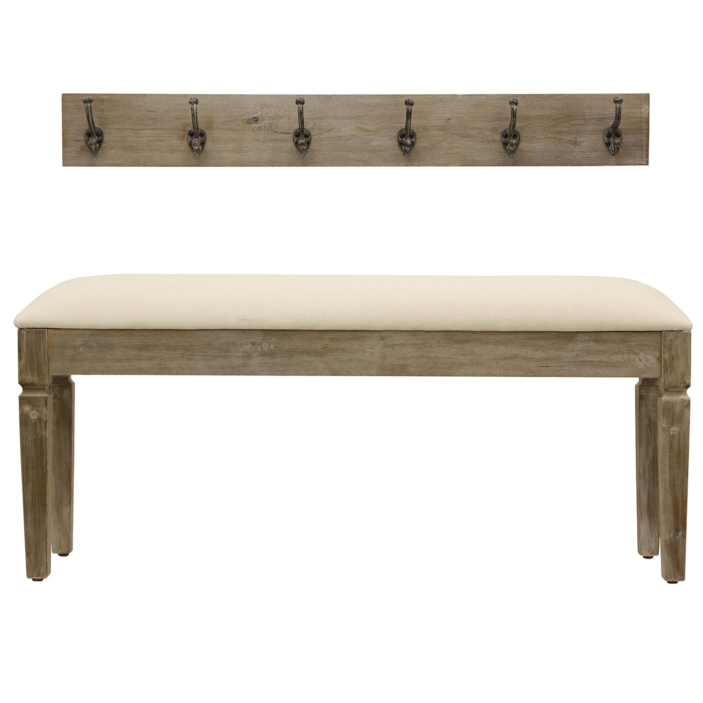 Decor Therapy Waverly Wood Bench with Coat Rack Set, Set of 2, White with Cream Cushion