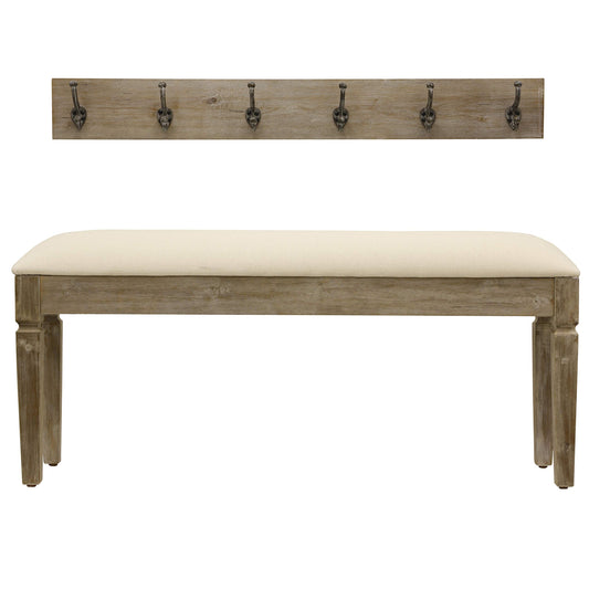 Decor Therapy Waverly Wood Bench with Coat Rack Set, Set of 2, White with Cream Cushion