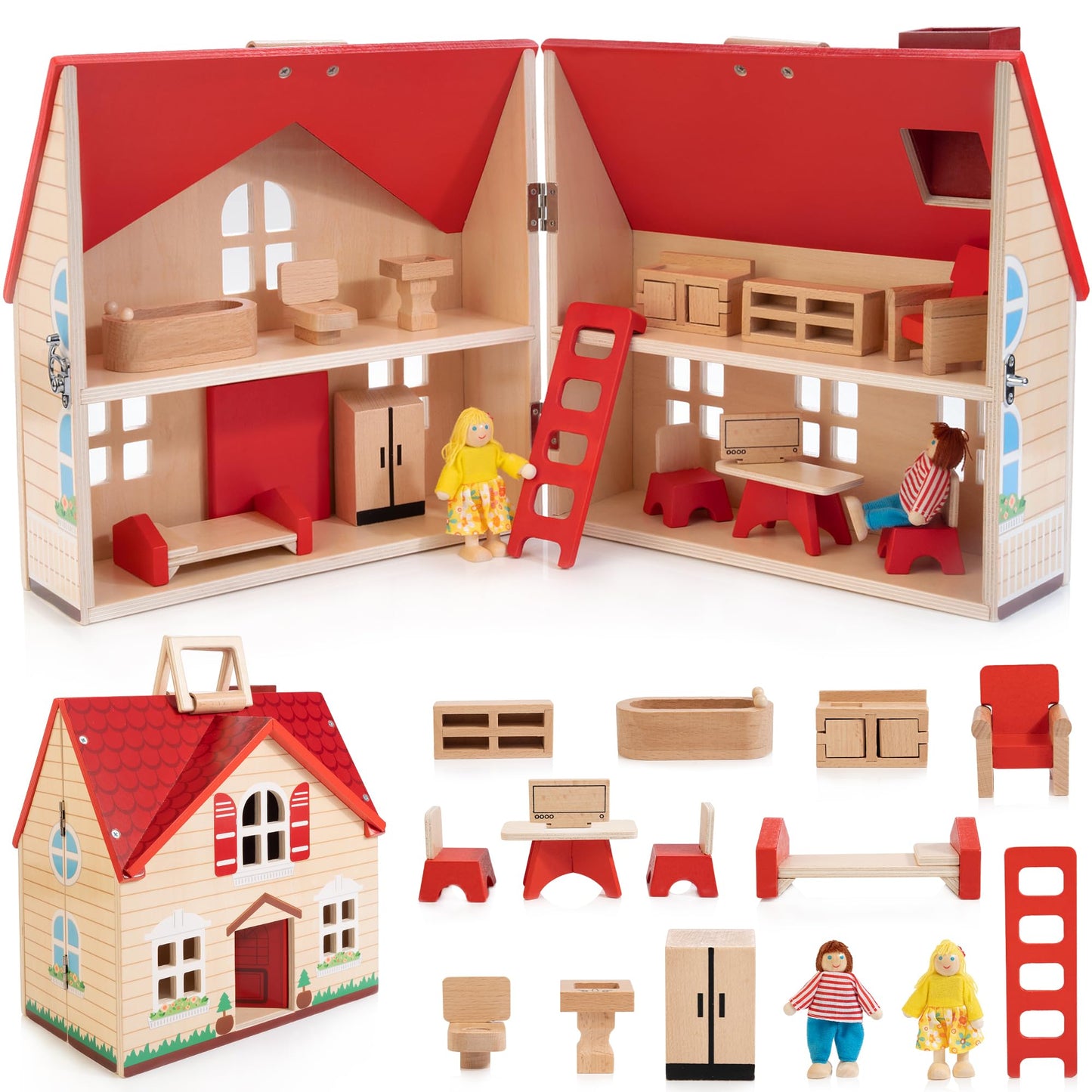 Foldable Wooden Dollhouse with 13PCS Furniture, 4 Rooms and 2 Flexible Dolls, Pretend Play Doll House Set with Portable Handle, Christmas Birthday Gift for Boys Girls Age 3+