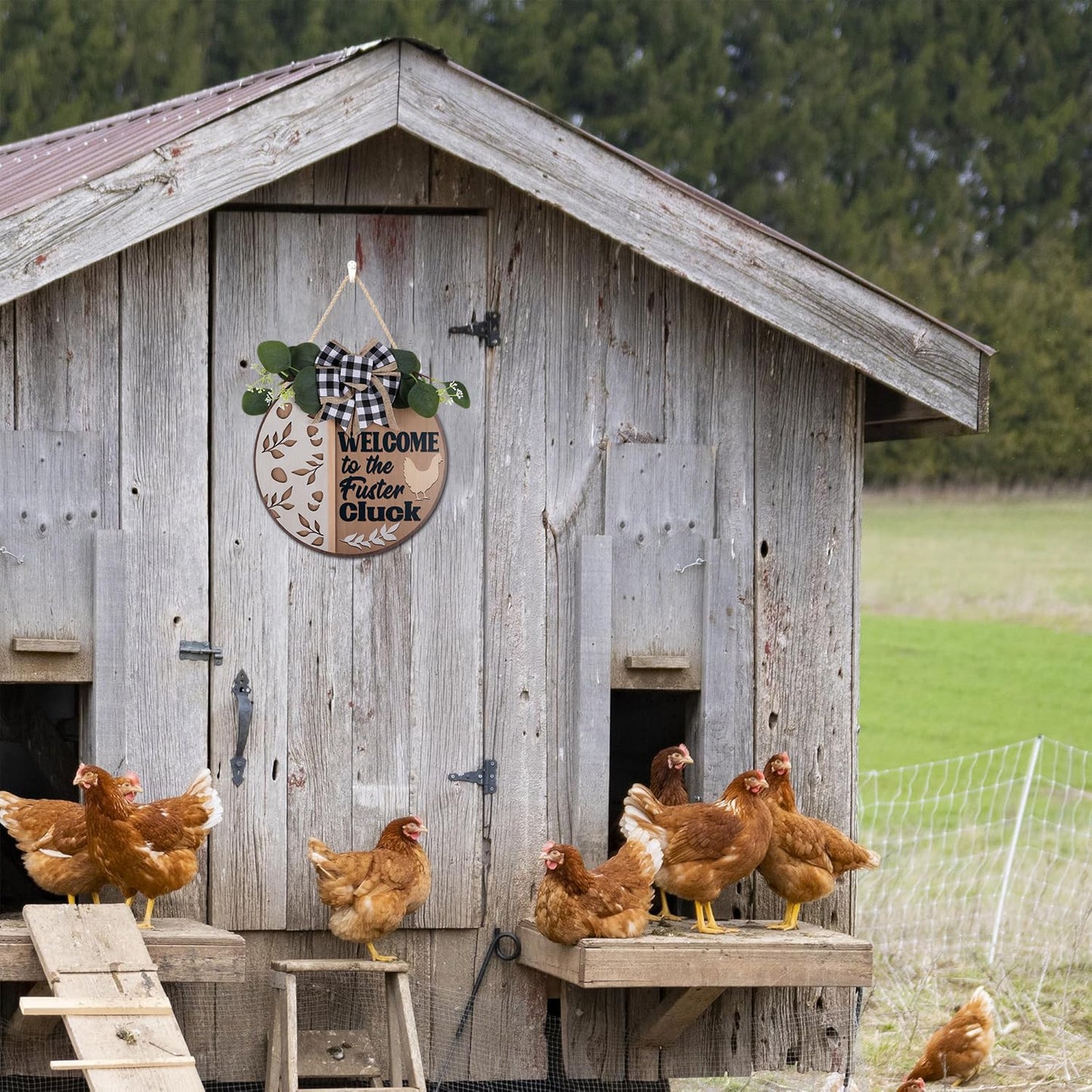 CHDITB Funny Chicken Wooden Sign, Rustic Farmhouse Wall Art Plaque, Chicken Coop Barnyard Hanging, Hen House Coop Round Sign,Welcome To The Fuster Cluck Door Hanger For Porch Outdoor Country Home Decor