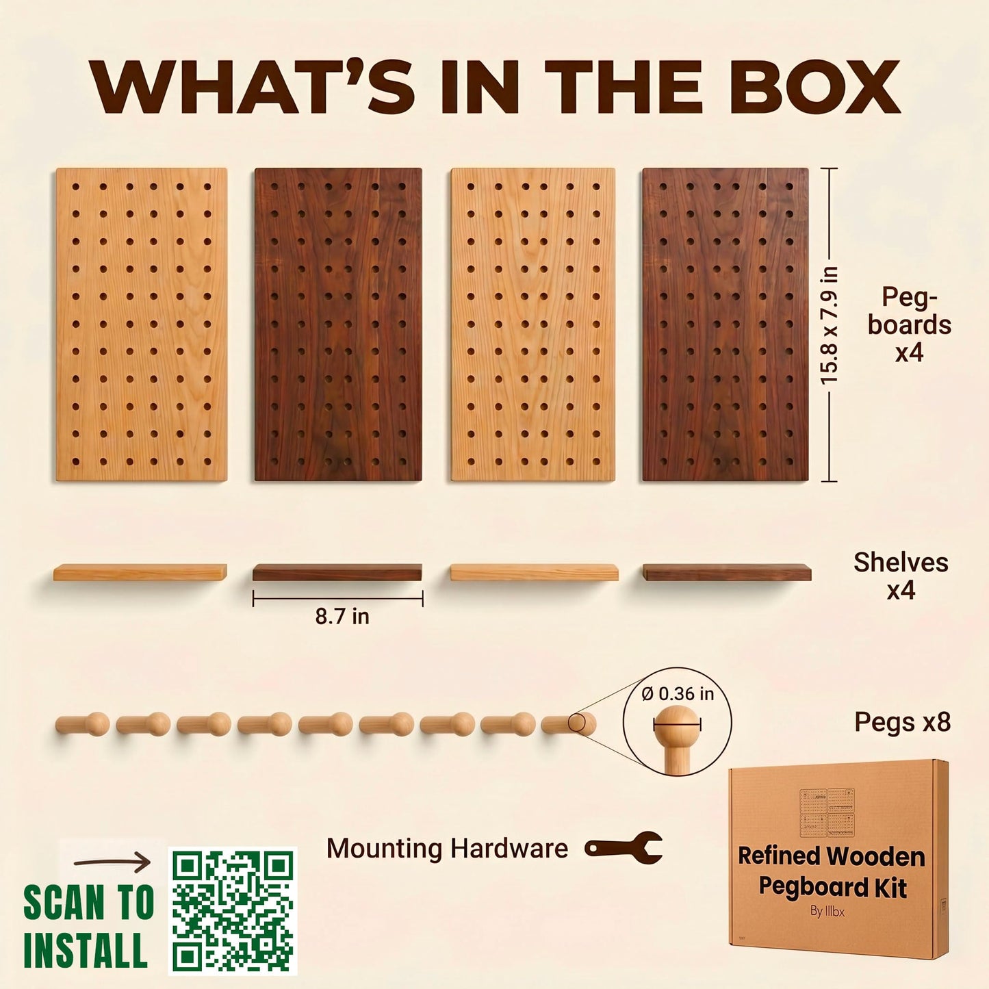 IliBx Wooden Pegboard Wall Organizer Kit – Modern Density Wood Peg Board with Shelves & Hooks – 2 Tone Natural & Brown Wood-Look Wall Organizer for Office Setup or Home Decor Storage Rack