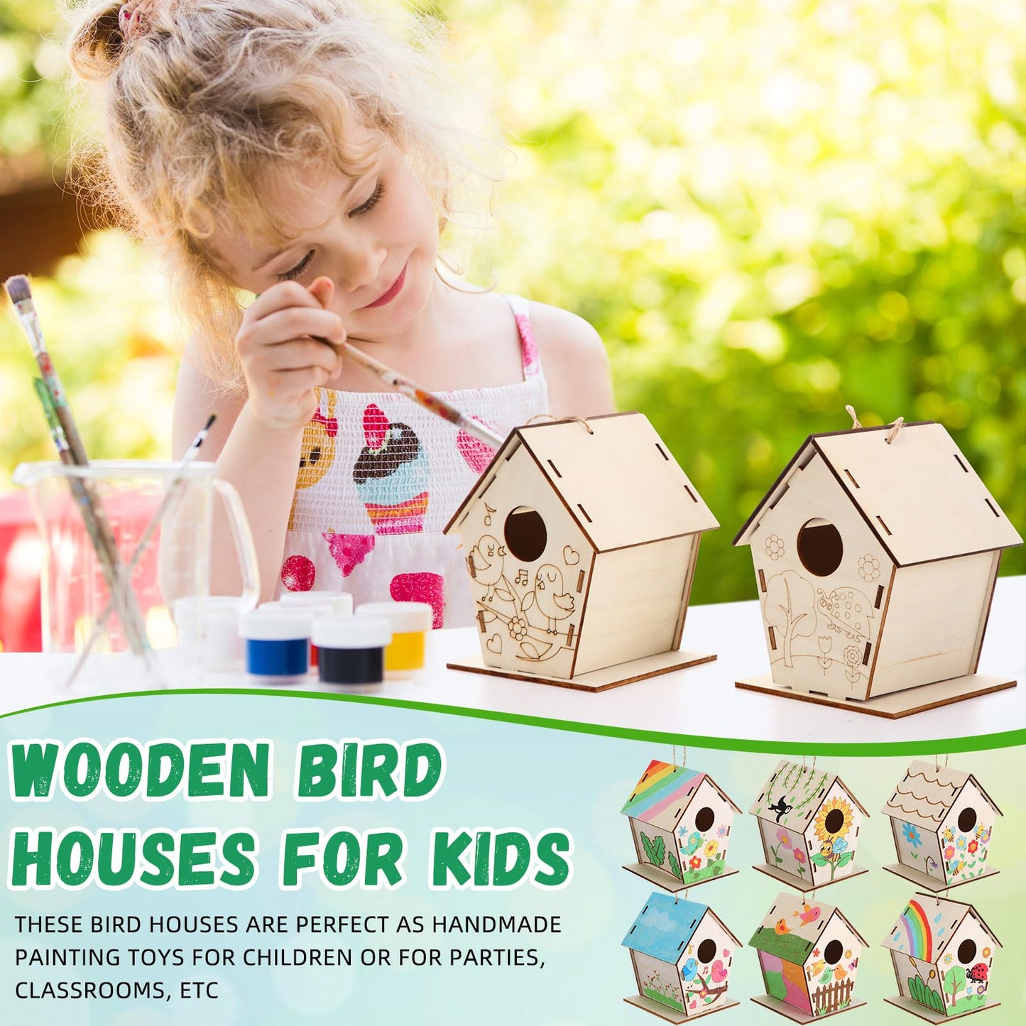DoubleFill 24 Pack Wooden Bird House Bulk for Kids Birdhouse Kit Wood Houses for DIY Unfinished Hanging Birdhouse Kits, Wooden Craft Houses to Paint Family Camping Summer Crafts