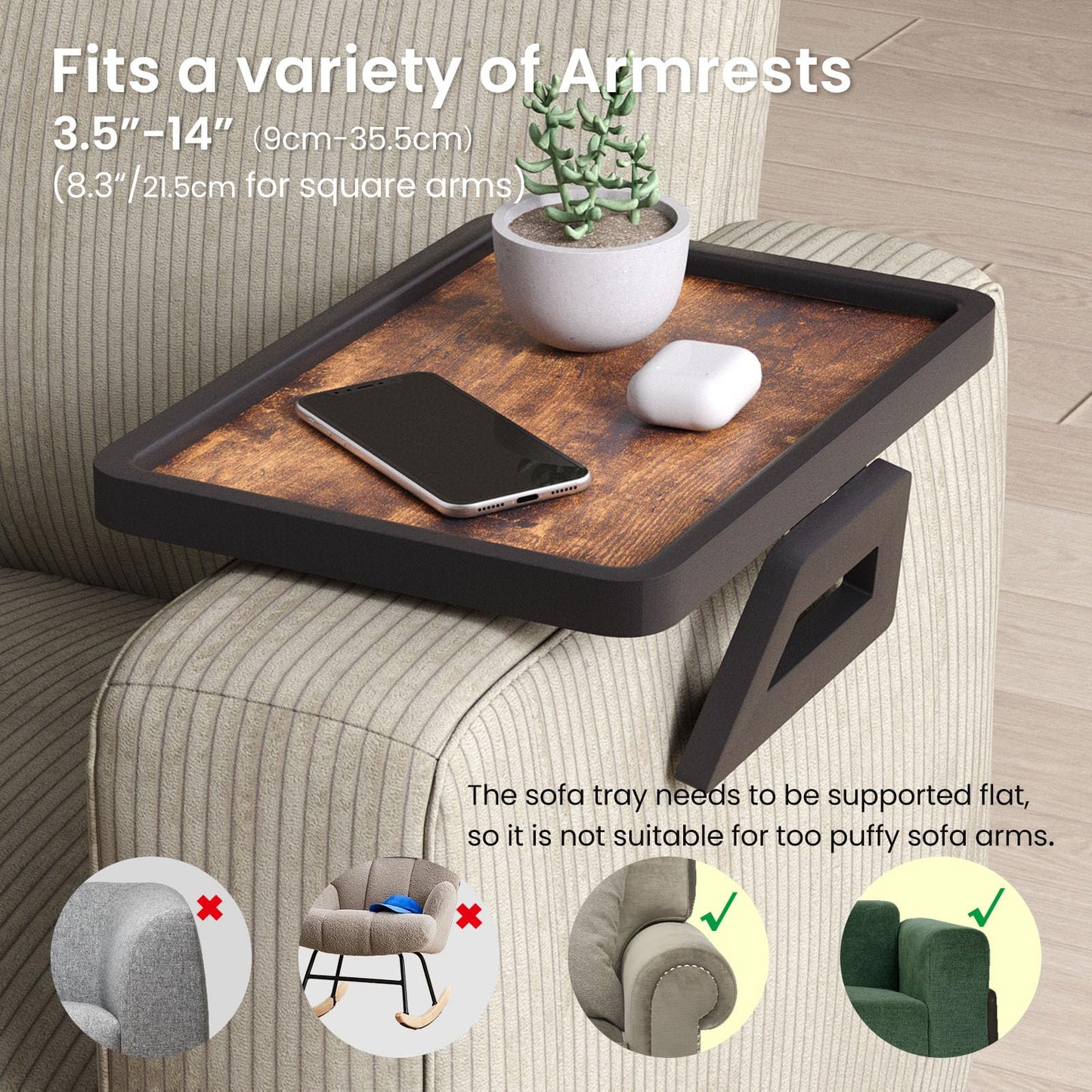 Danfoxer Couch Arm Tray,Wooden Folding Sofa Tray,Sofa Armrest Tray Clip-On Couch Desk for Drinks,Snacks,Phone,Remote Control
