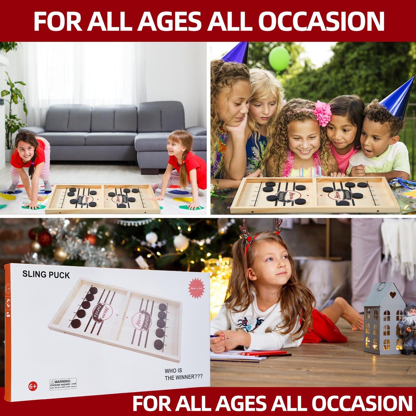 HELLO PAPAYA Foldable Fast Sling Puck Game with Chess Board and Checkers Board, Tic Tac Toe. Wooden Air Hockey Family Night,Table Games Gifts for Adults and Kids