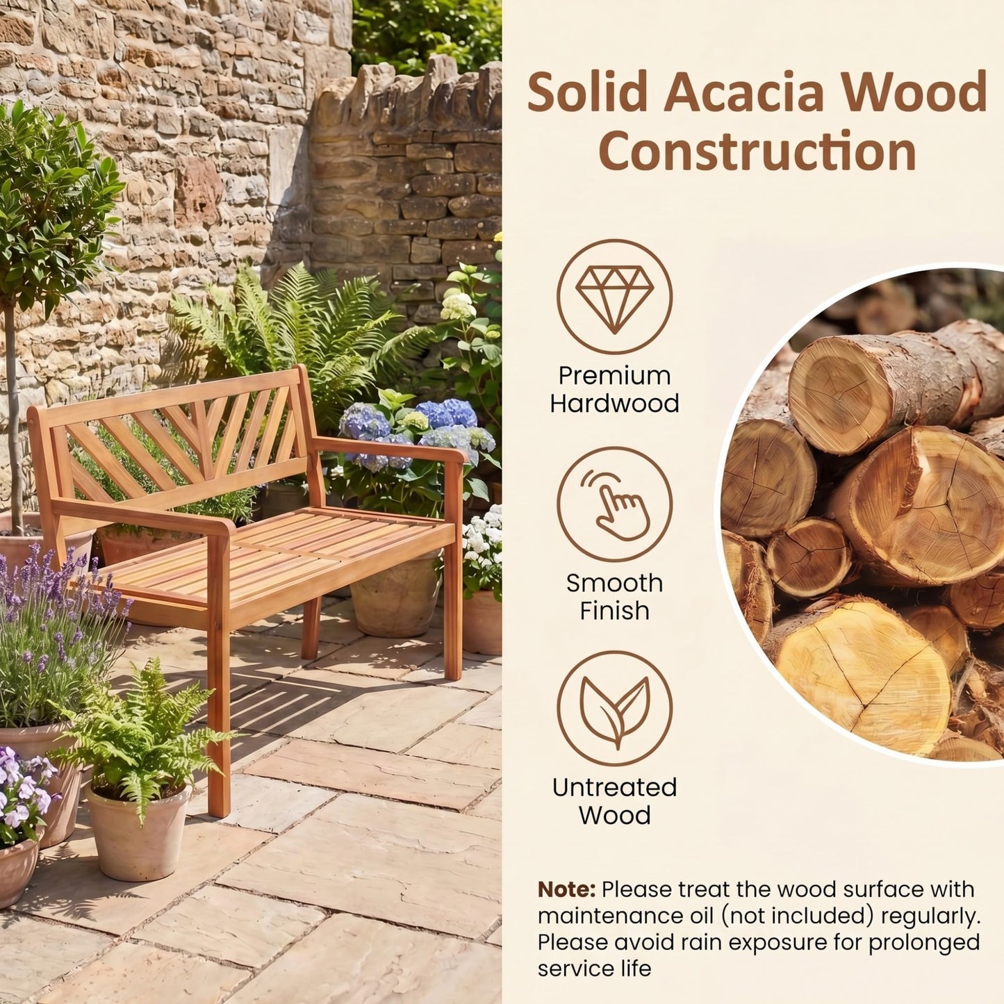 Giantex 2-Person Outdoor Bench, 47" Patio Acacia Wood Loveseat with Slatted Seat, Armrests & V-Shaped Backrest, Wooden Garden Seating for Backyard, Porch, Deck, Poolside