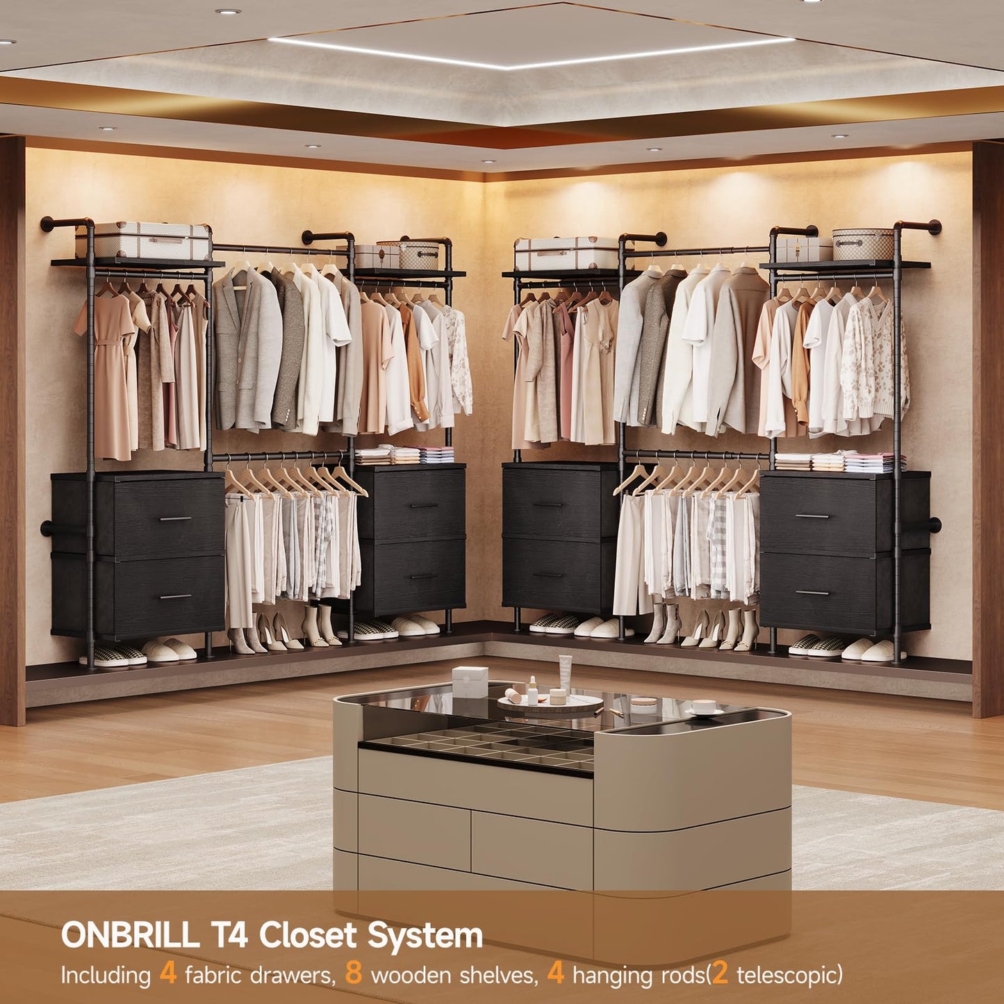 ONBRILL T4 Wall Mounted Closet System, Industrial Pipe Clothing Rack with 8 Wooden Shelves, 4 Drawers & 4 Hanging Rods (2 Expandable), Modular Heavy Duty Closet Organizers and Storage System (Black)