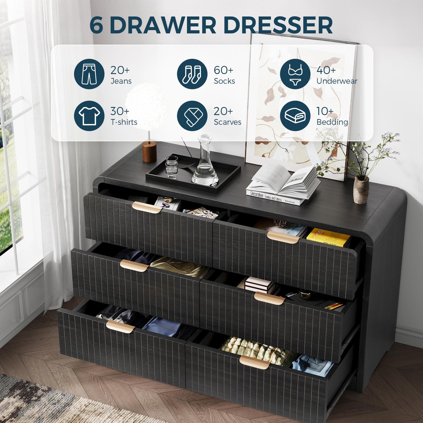 Jocoevol Modern 6 Drawer Dresser for Bedroom, 47" Wide Wood Dressers & Chests of Drawers Curved Profile Design, Mid Century Modern Fluted Dresser for Bedroom, Black Dresser