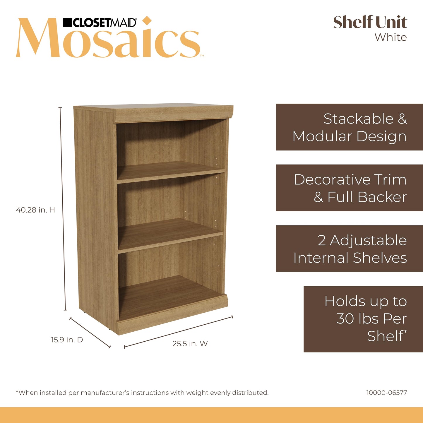ClosetMaid Mosaics 3 Shelf Organizer, Stackable, Customizable Closet Organization System, Closet Storage Shelves, 25.5" W, Toasted Oak