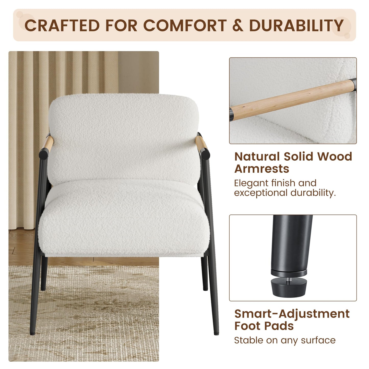 GarveeHome Comfy Chair, Modern Accent Chair with Metal Frame, Cozy Reading Chair with Soft Cushion & Wood Armrest for Bedroom, Living Room, White