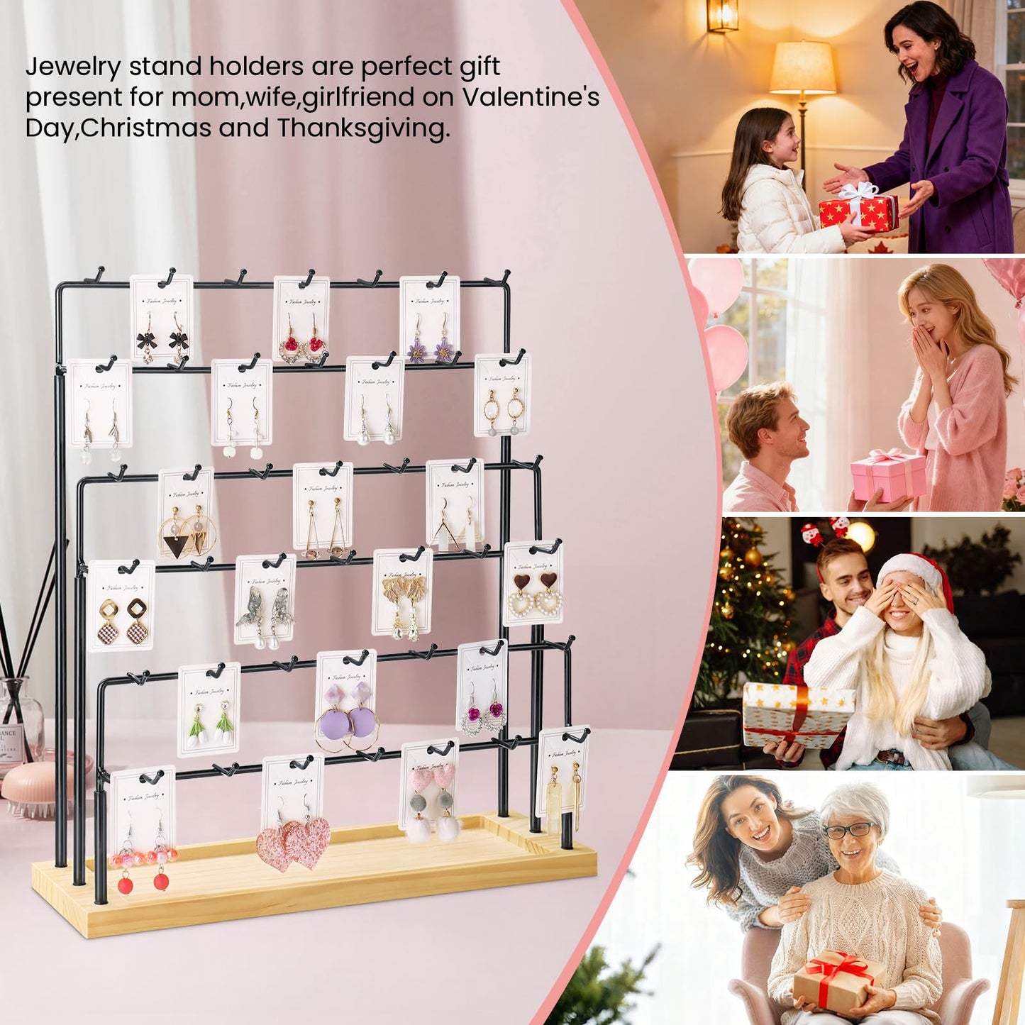 JIUCAN Earring Display for Vendors, 6 Tiers Earring Rack Display Holder Stand, Earring Organizer Holder, Jewelry Display for Selling Earings Cards, Necklaces Rings Bracelets, Keychains (Black)