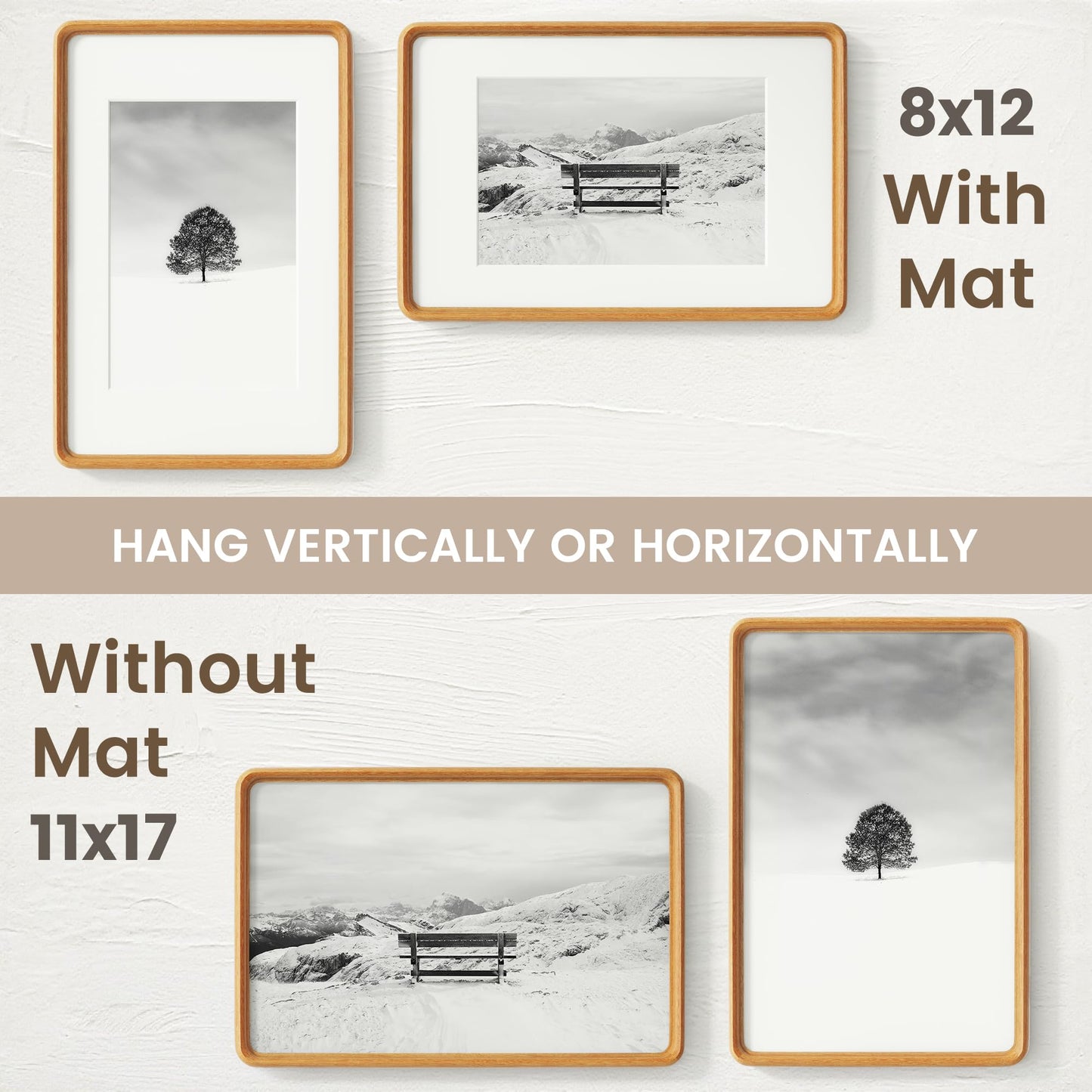 11x17 Picture Frame, USA-Sourced Natural Teak Wood Photo Frame with Tempered Glass, Handcrafted Rounded Corner 11 x 17 Wooden Frame Matted to 8x12 Photos, Wall or Tabletop Display