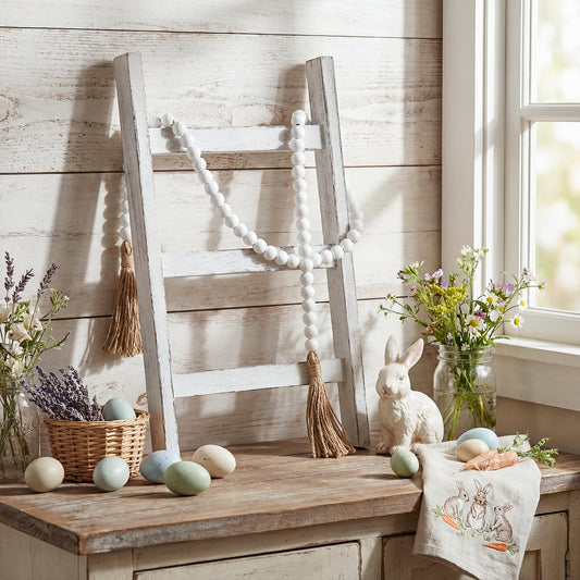 AceOrbit 2 Pcs 14'' Tea Towel Ladder with 3.3 ft Vintage Wood Bead Garland Small Decorative Ladder Hand Towel Stand Mini Blanket Holder Rack Kitchen Counter Farmhouse Rustic Bathroom Decor(White)