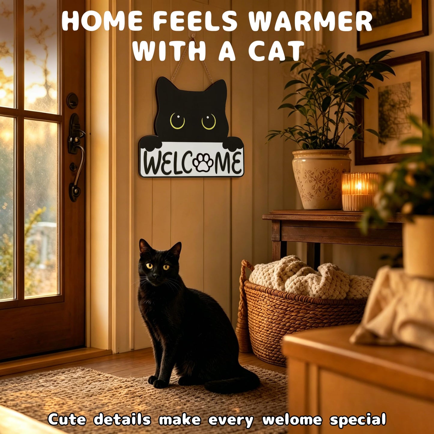 ZenDecor Cute Cat Interchangeable Welcome Home Sign for Front Door, Farmhouse Wooden Door Hanger with 18 Seasonal Icons, Porch, Entryway & Wall Decor, Housewarming Gift