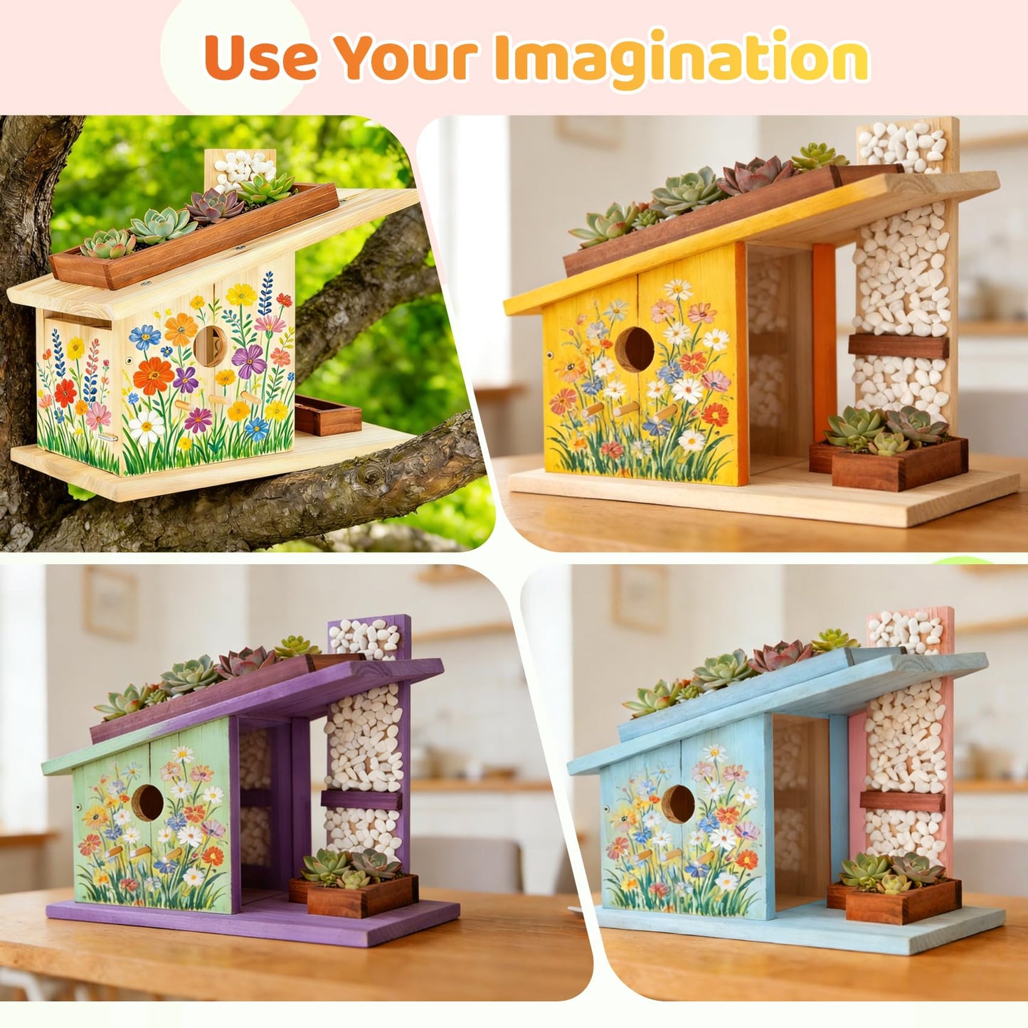 Pontuss Modern Birdhouse Woodworking Kit, Natural Cedar Wooden birdhouses for Outdoors with Paint Set, Creative DIY Birdhouse Gift, Build Your Own Bird House Kit