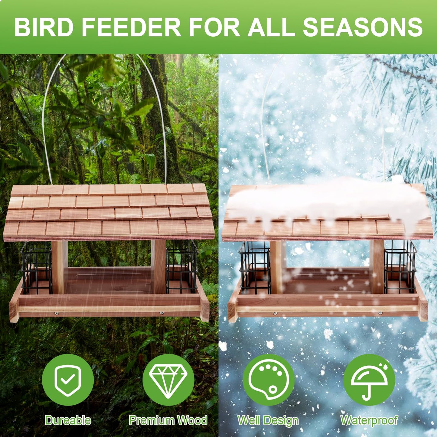 Liawm Wooden Bird Feeder for Outdoors Hanging Mount Large Capacity, Red Cedar Garden Roof Feeder with 2 Suet Cages, Cardinal Bluebird Birdfeeder for Garden Decoration Yard, Weatherproof Durable