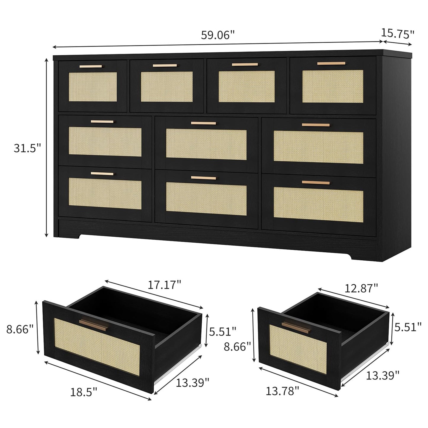 GarveeLife 10 Drawer Dresser for Bedroom, 59 in Farmhouse Rattan Dressers & Chests of Drawers, Wooden Storage Organizer with Anti-Tipping Device for Living Room, Hallway, Entryway, Black