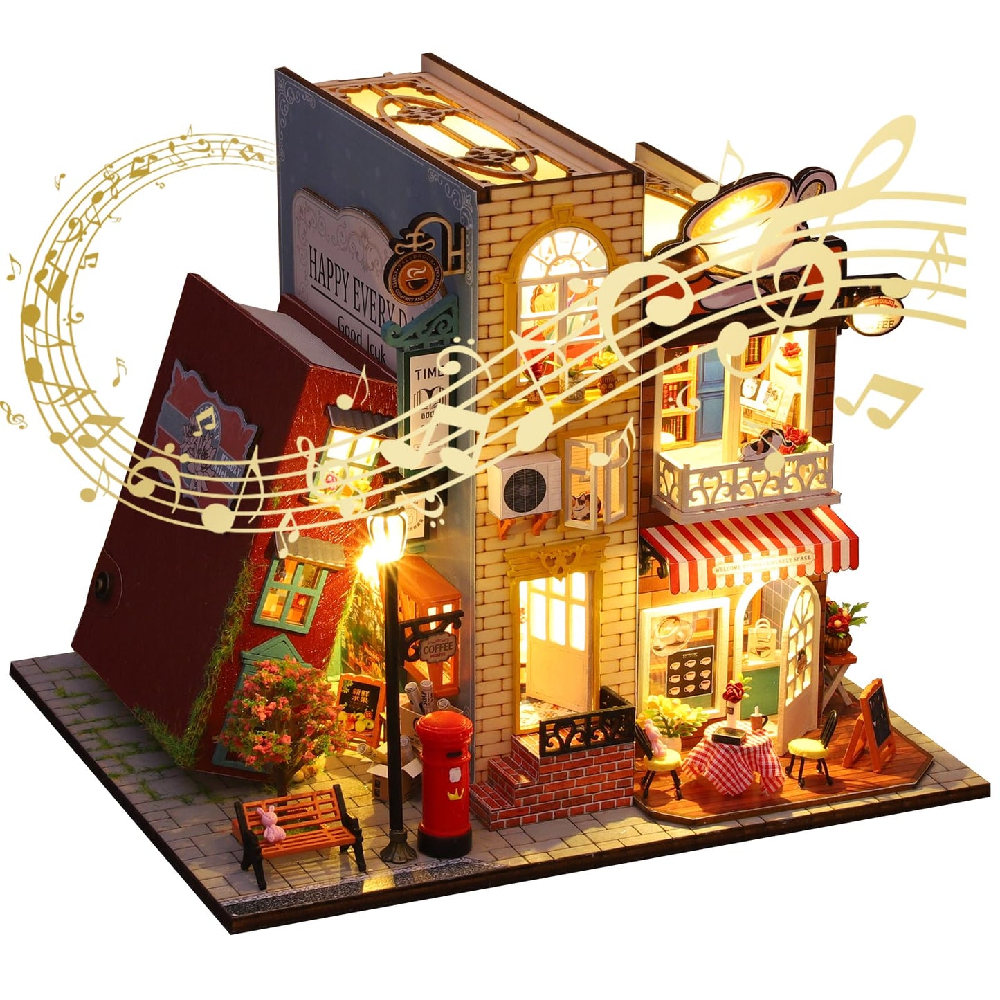 DIY Miniature Dollhouse Kit, Book Nook Kit Tiny House Model with LED Music Box, 3D Wooden Puzzle for Adults, Self-Assembly Bookend Building Set Miniature Model Hobbies, Romantic Birthday Gift for Her