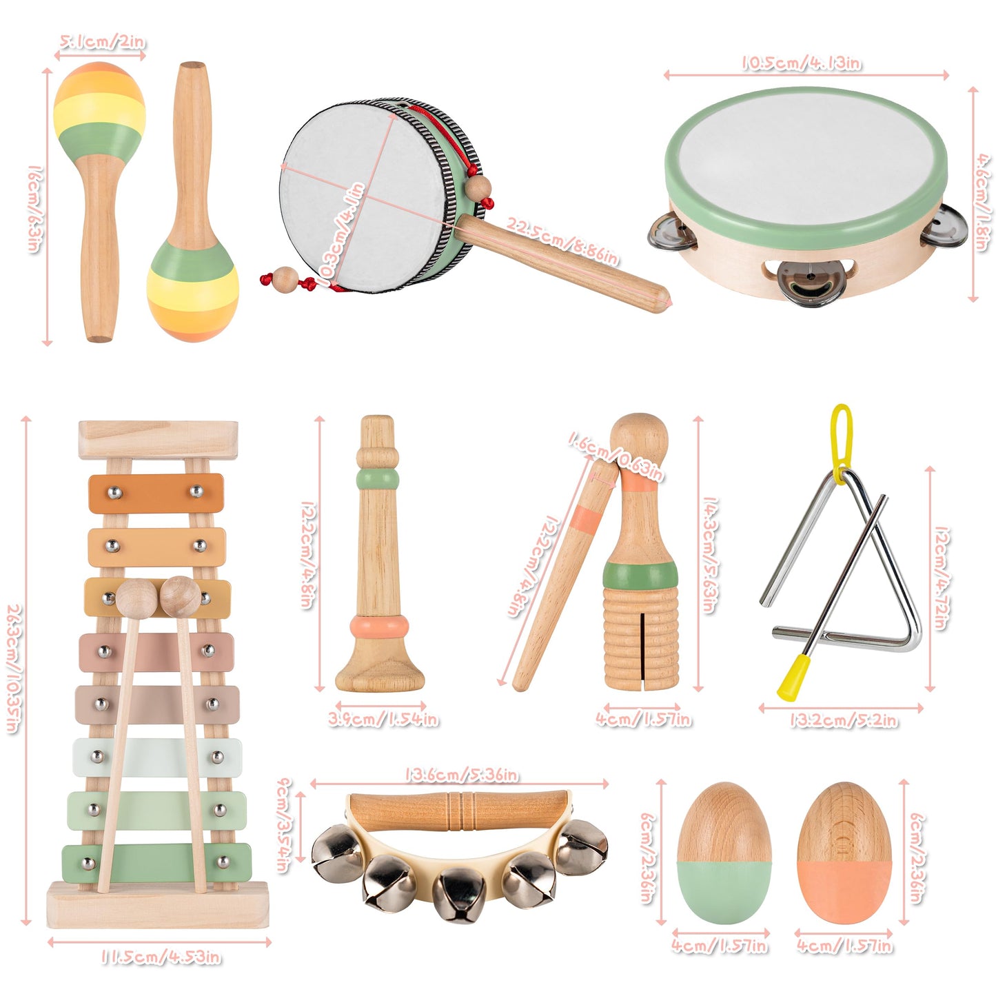 VINJOE Baby Musical Instruments-Toddler Montessori Wooden Musical Toys for Kids 1-3, Neutral Colors Percussion Instruments Set Early Learning Musical Toys for Preschool Educational Birthday Gifts