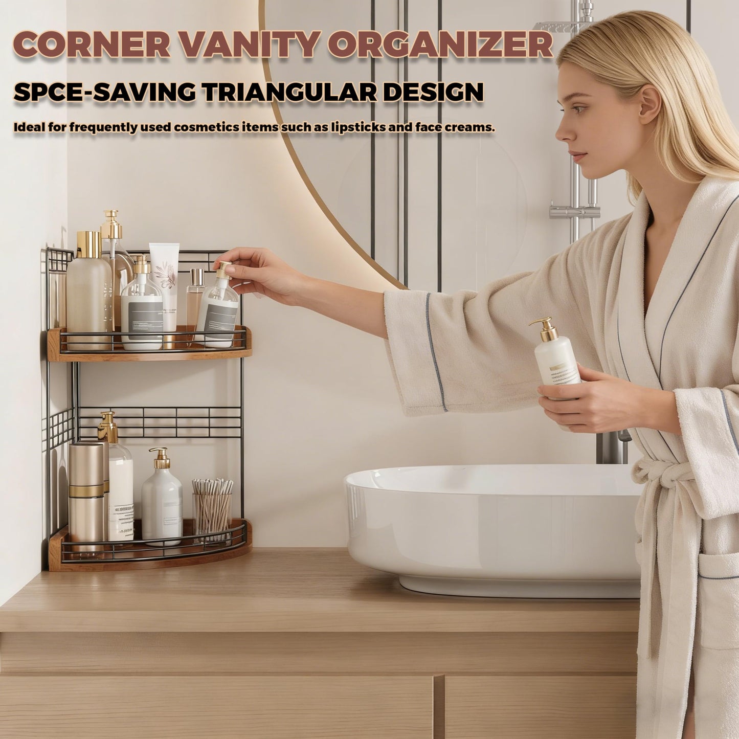 JNFUZ Bathroom Countertop Corner Organizer for Small Spaces – 2-Tier Counter Shelf for Sink & Vanity, Compact Vertical Storage for Toiletries (Walnut)