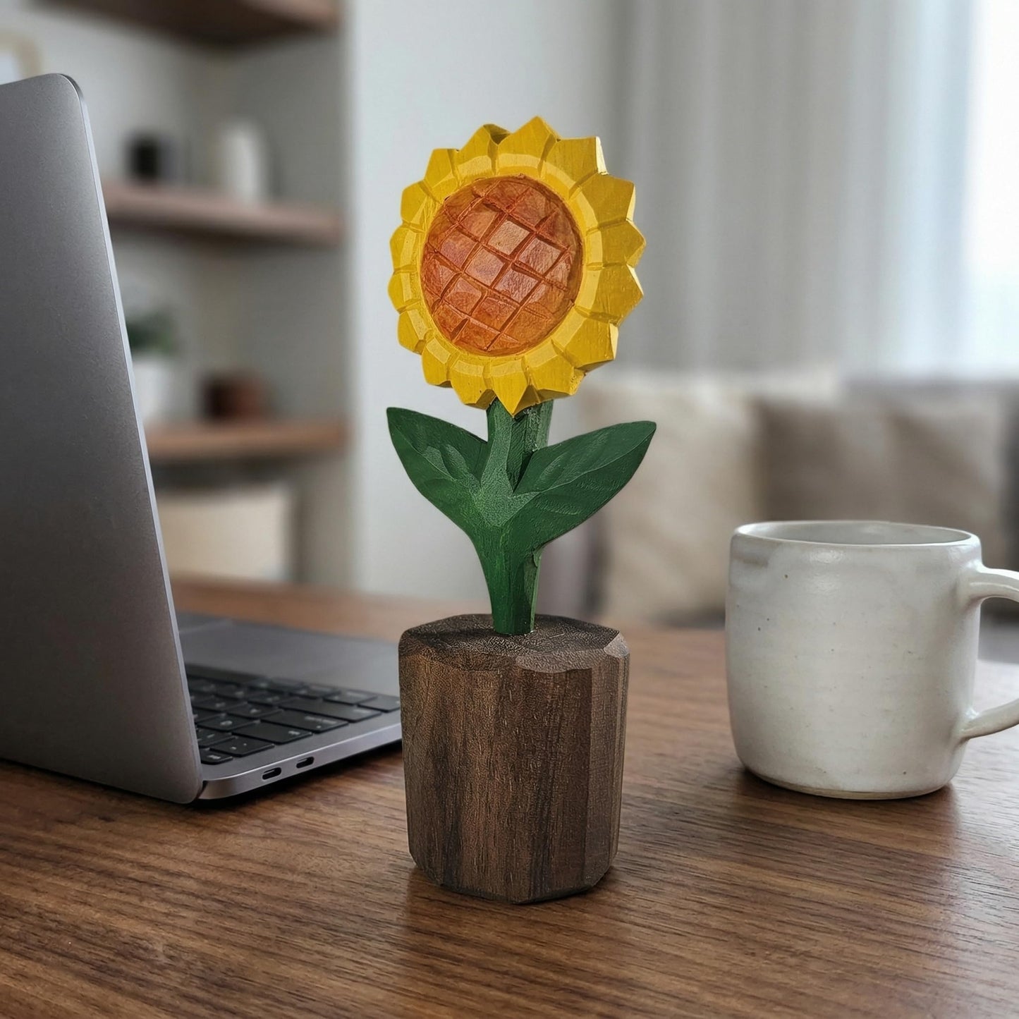 WOODEN ISLANDS Hand-Carved Wooden Sunflower Figurine, 5-Inch Solid Wood Flower Statue for Rustic Farmhouse Home Shelf Decor & Office Desk Accessories, Includes Gift Box Packaging