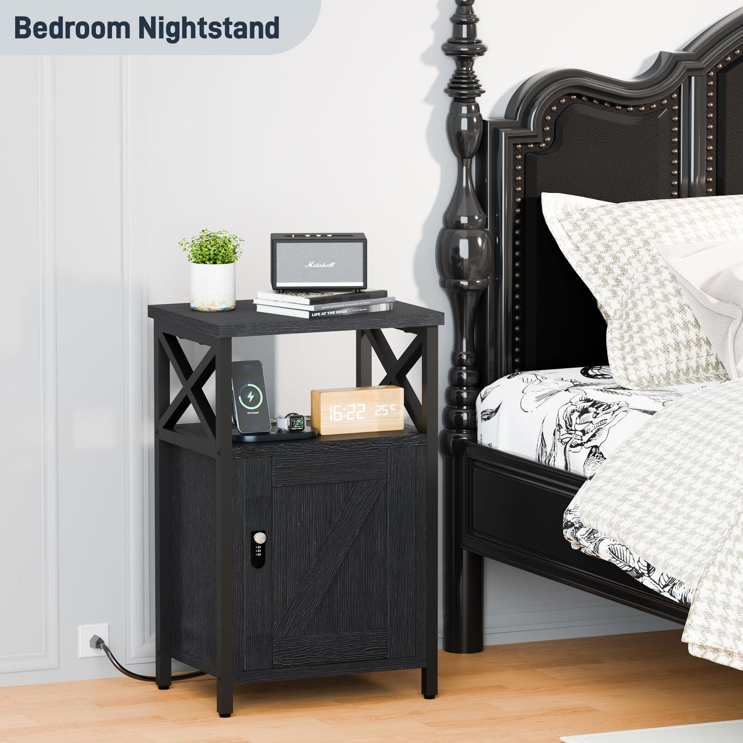runjuly Wooden Nightstand with Charging Station, Bed Side Table with Drawers, Bedside Table with Lock, 3 USB & 2 Outlets, Night Stand with Cabinet Storage, End Table for Bedroom, Black