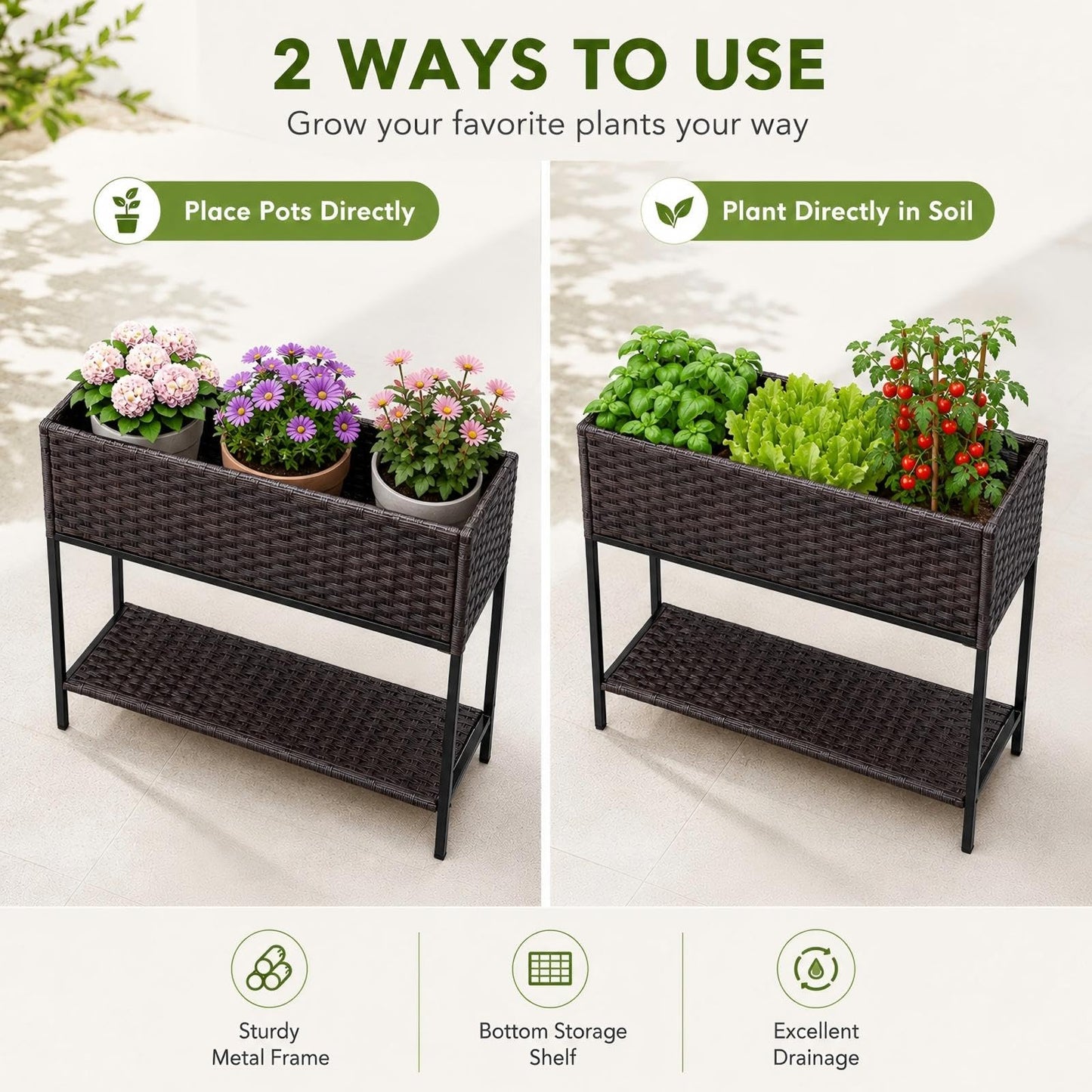 Chonsun Raised Garden Bed - 3x1.5x2.5 ft Rattan Raised Bed Wicker Elevated Raised Garden Bed with Underneath Tool Storage Rack Shelf, Outdoor Raised Flower Planter Box